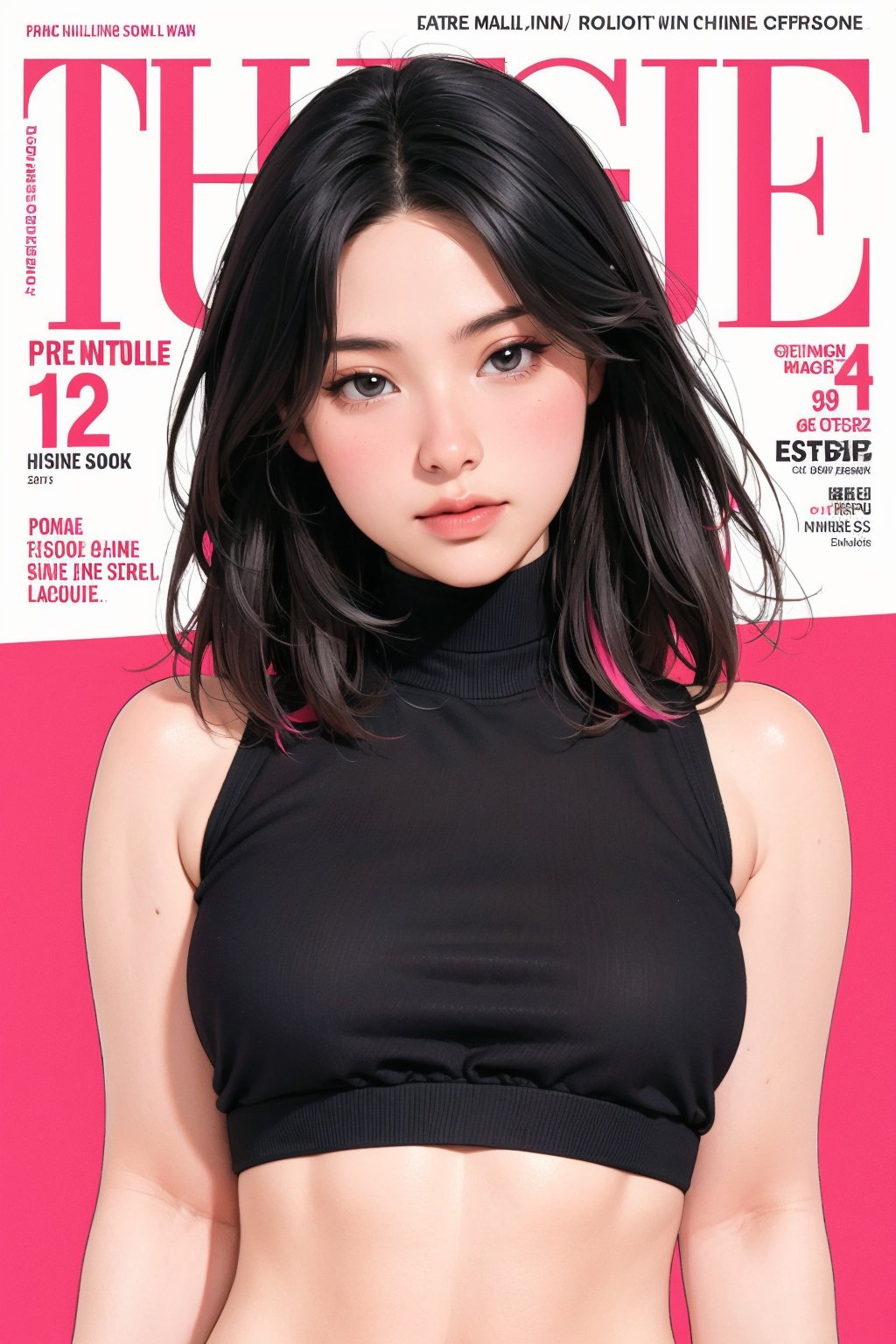 1girl, looking at viewer, styled clothes, turtle neck croptop, sleeveless, hairstyle, sharp focus, magazine cover, coloful background, 2D artstyle, outline, 

chimai,hine,hakil,yuong01