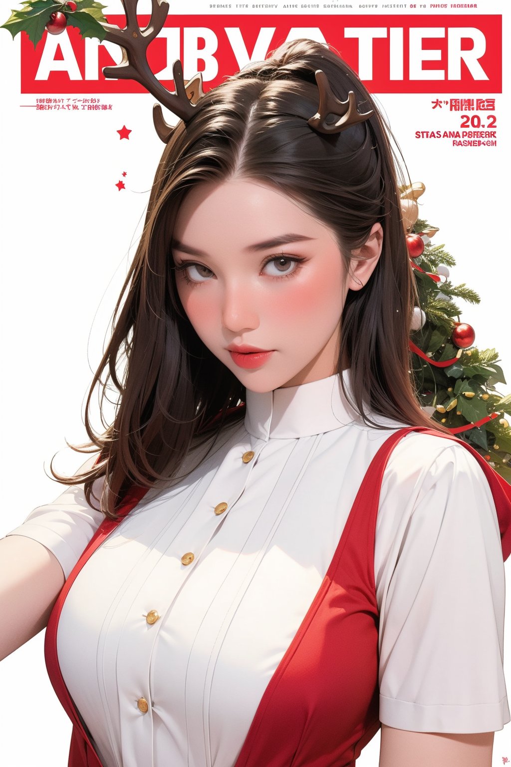 1girl, ((santa girl,)) reindeer horn, furtrim, detailed clothes, looking at viewer, magazine cover, colorful background, outline, 2D artstyle, chimai, hakil