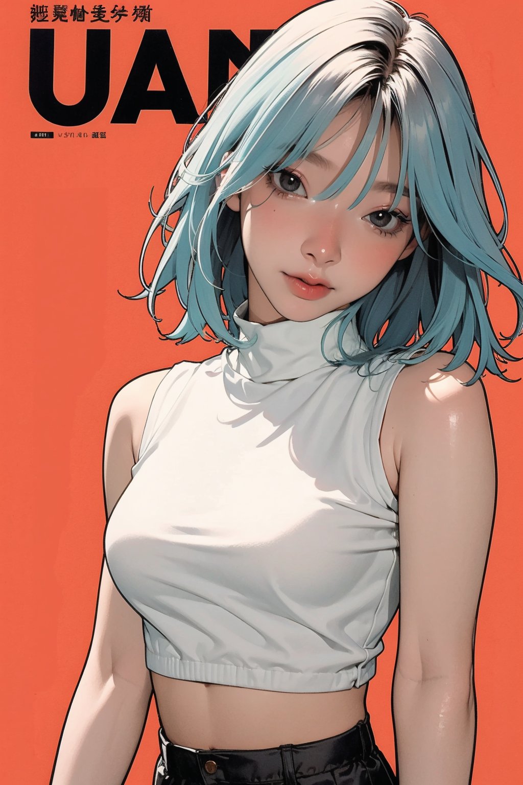 1girl, looking at viewer, styled clothes, turtle neck croptop, sleeveless, hairstyle, sharp focus, magazine cover, coloful background, 2D artstyle, outline, 

chimai,hine,hakil,yuong01