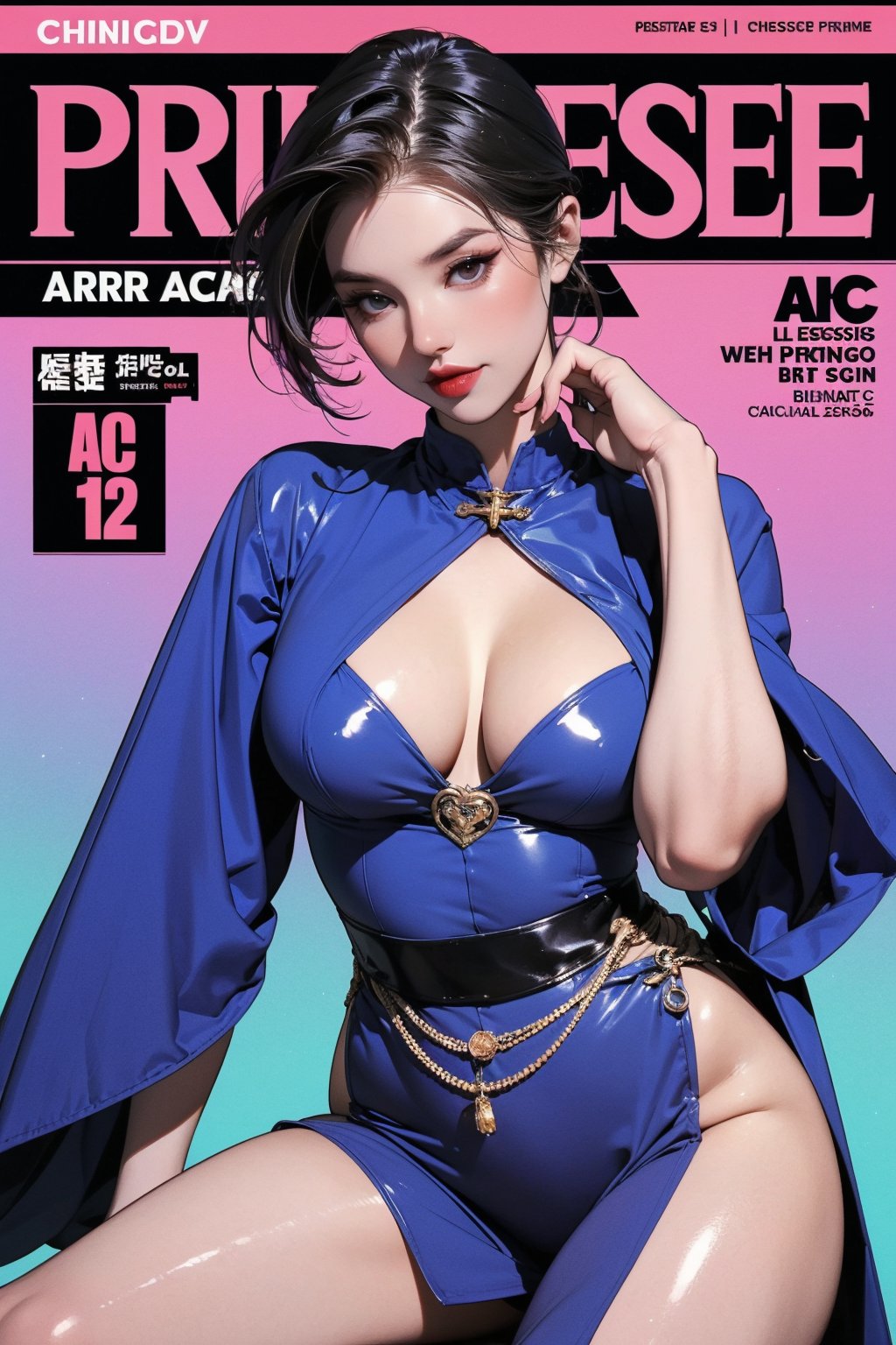 lustfully, dangerous, ((arcangel, arc priestess, )) thigh up body, 1girl, looking at viewer, intricate clothes, shiny, professional lighting, different hairstyle, coloful outfit, colorful background, magazine cover, chimai