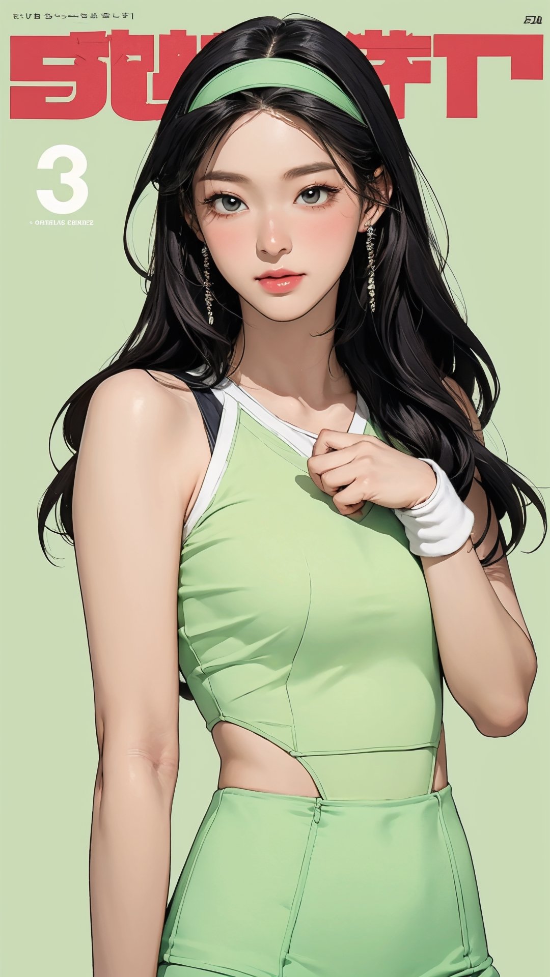 1girl, standing, thigh up body, hairband, ((looking at viewer, tennis girl outfit,)) 2D artstyle, magazine cover, outline, earings, blush, green background, hairstyle, ultra detailed, best quality, sharp focus, kmiu,sim,haohaoulz,aespawinter,huondey,seolhuyn