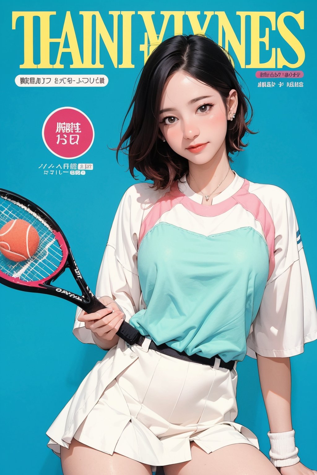 nsfw, ((tennis girl outfit,)) 1girl, blush, thigh up, looking straight at viewer, earrings, magazine cover, 2D manga artstyle, outline, blue background, hine