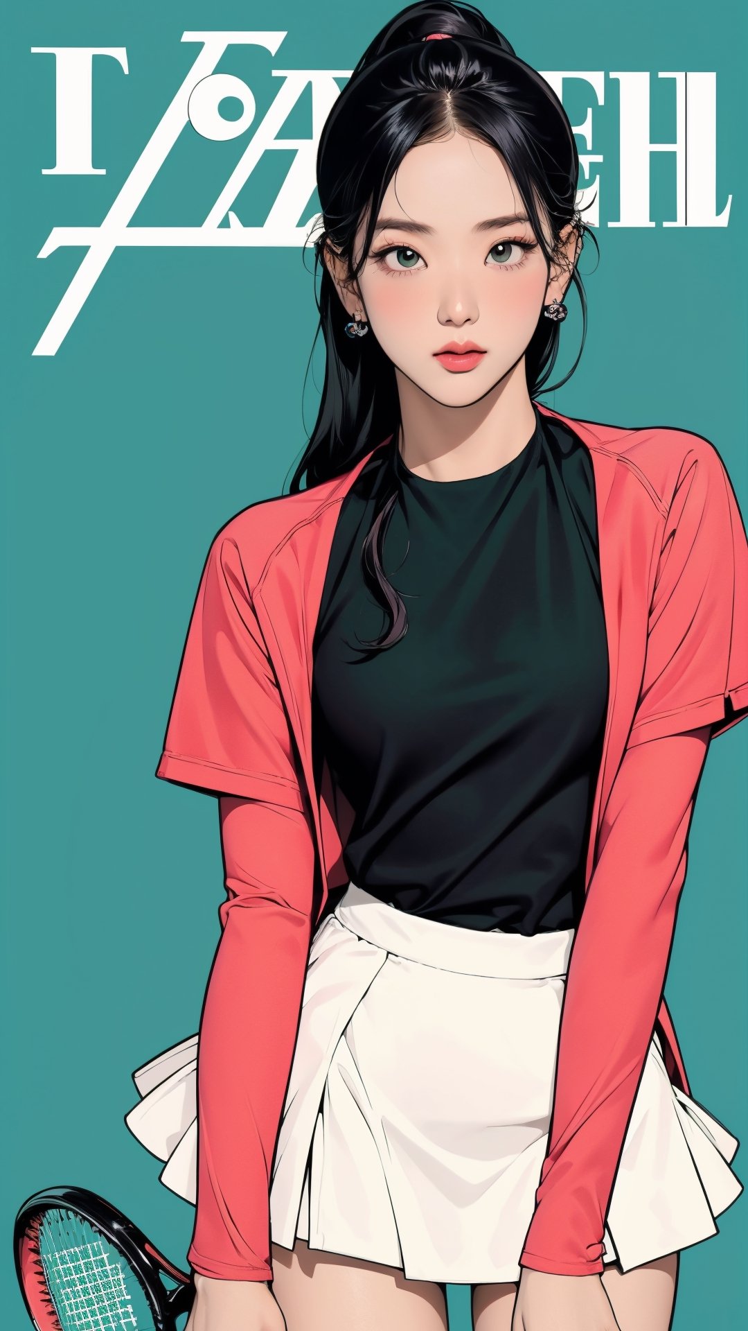 1girl, standing, thigh up body, ((looking at viewer, tennis girl outfit,)) 2D artstyle, magazine cover, outline, earings, blush, green background, hairstyle, ultra detailed, best quality, sharp focus,rosé,jisoo