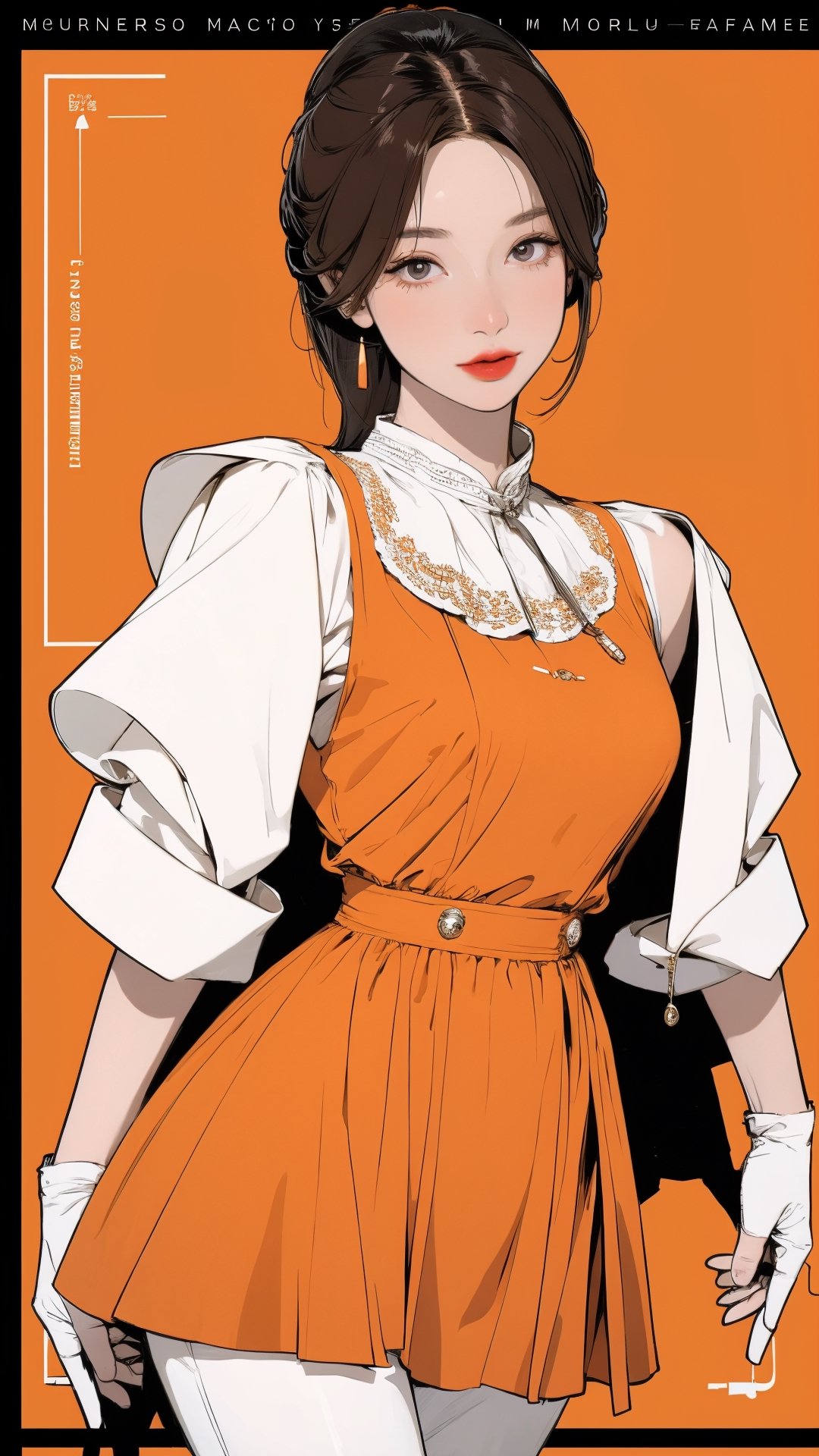 1girl, looking at viewer, thigh up body, stocking, earings, elegant and allure, orange background, hairstyle, styled clothes, cutout clothes, dynamic composition, ultra detailed, best quality, sharp focus, magazine cover, outline, 2D artstyle,aespakarina,htt