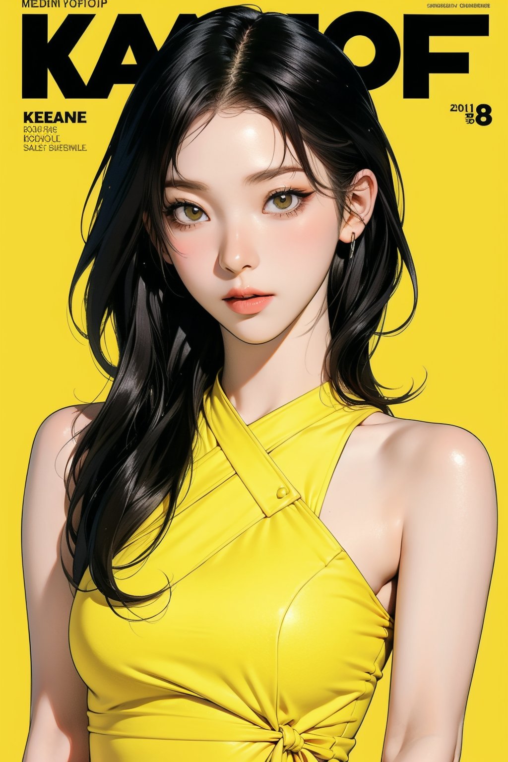 1girl, full body, detailed clothes, detailed face, face focus, kpop idol outfit, styled, medium hair, tied hair, looking at viewer, sharp focus, magazine cover, yellow background, ((outline,)) chimai, aespakarina,sanatw