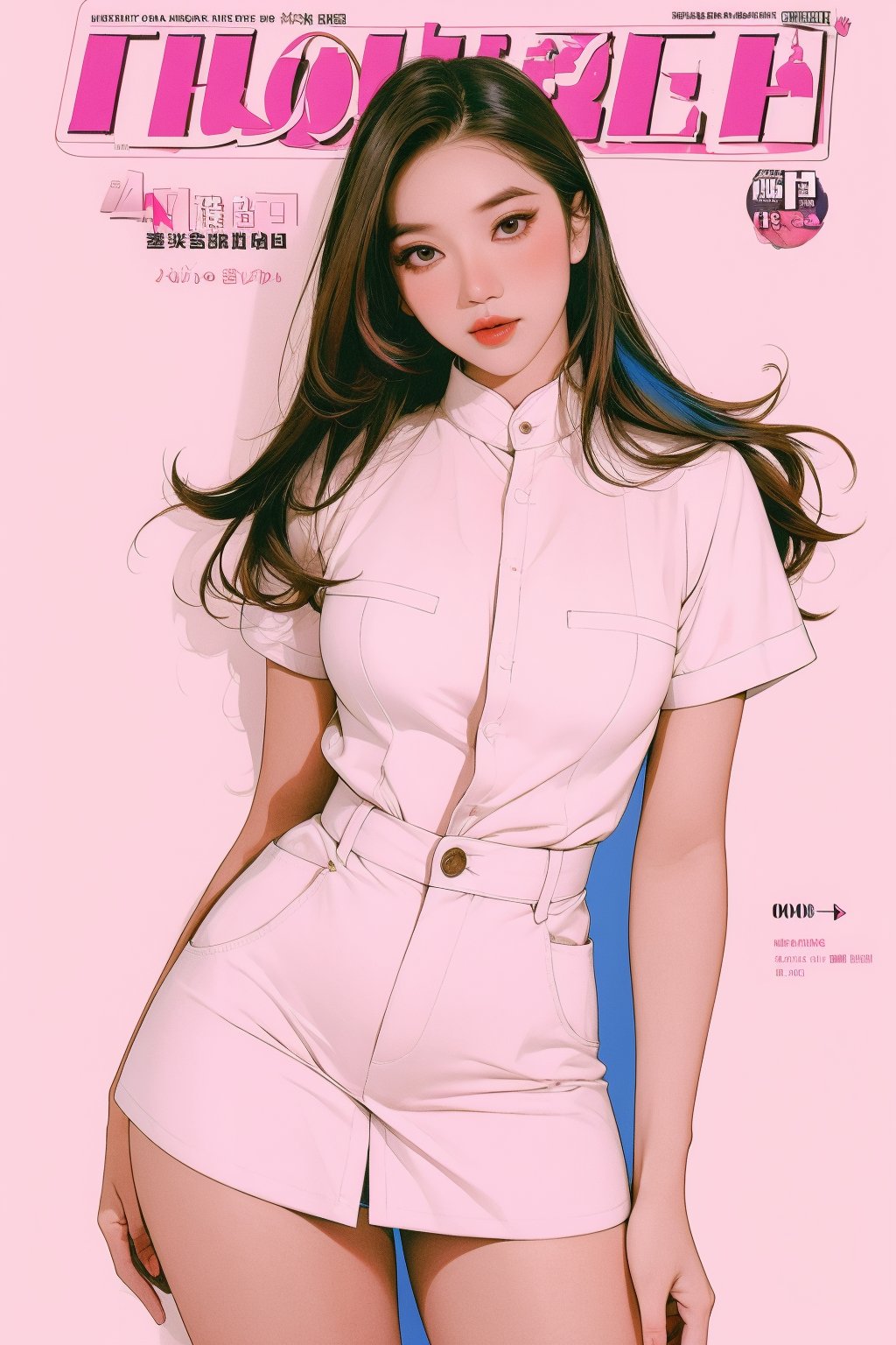 1girl, thigh up, looking at viewer, detailed clothes, accurate color reproduction, best quality, professionally color graded, artwork, blurring effect, professional lighting, sanatw, magazine cover, pink background, jisoo,chimai