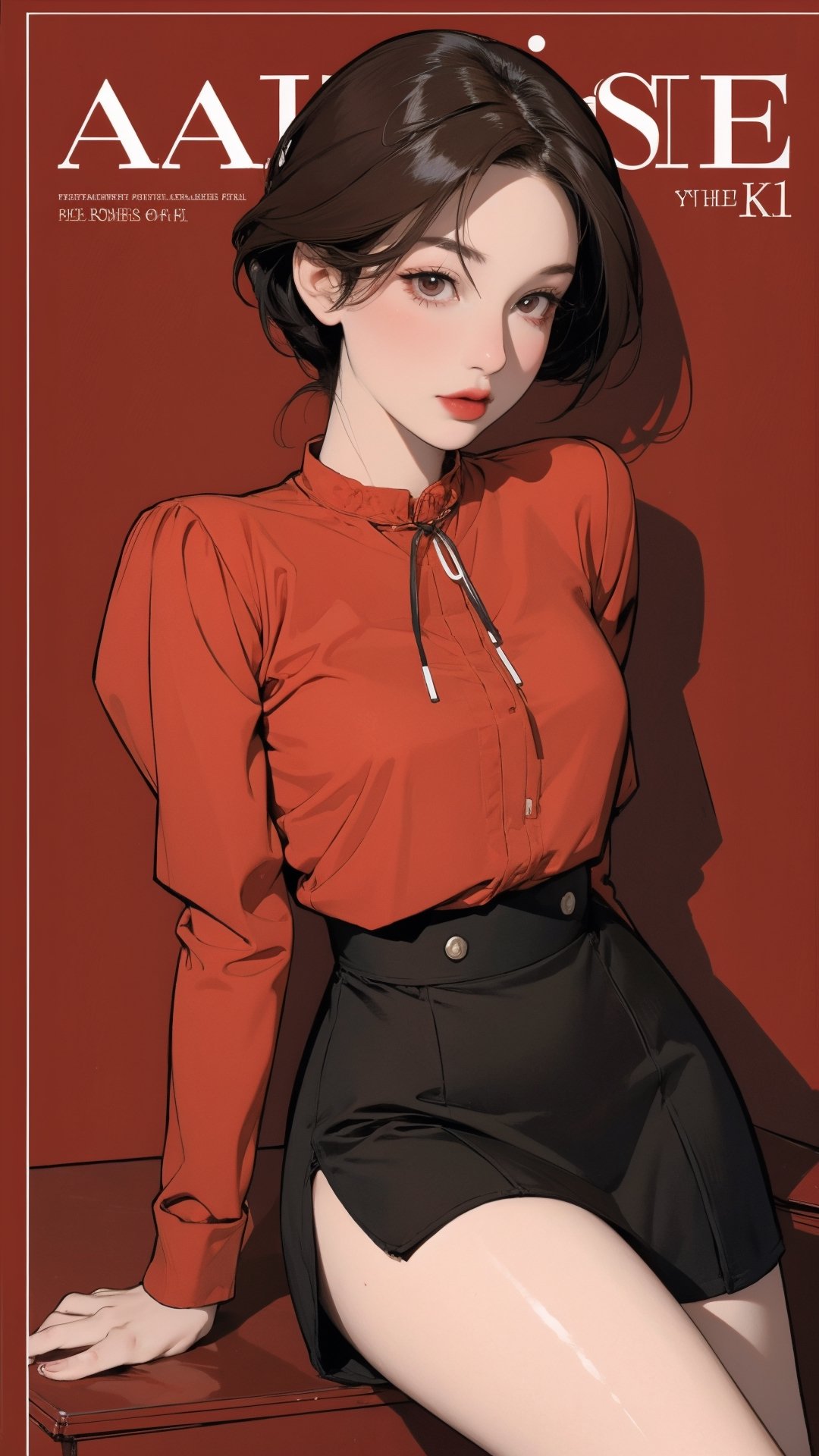 1girl, attendant, looking at viewer, thigh up body, elegant and asthetic, red background, styled clothes, hairstyle, cinematic composition, styled clothes,  ultra detailed, best quality, sharp focus, magazine cover, outline, 2D artstyle,aespakarina,htt