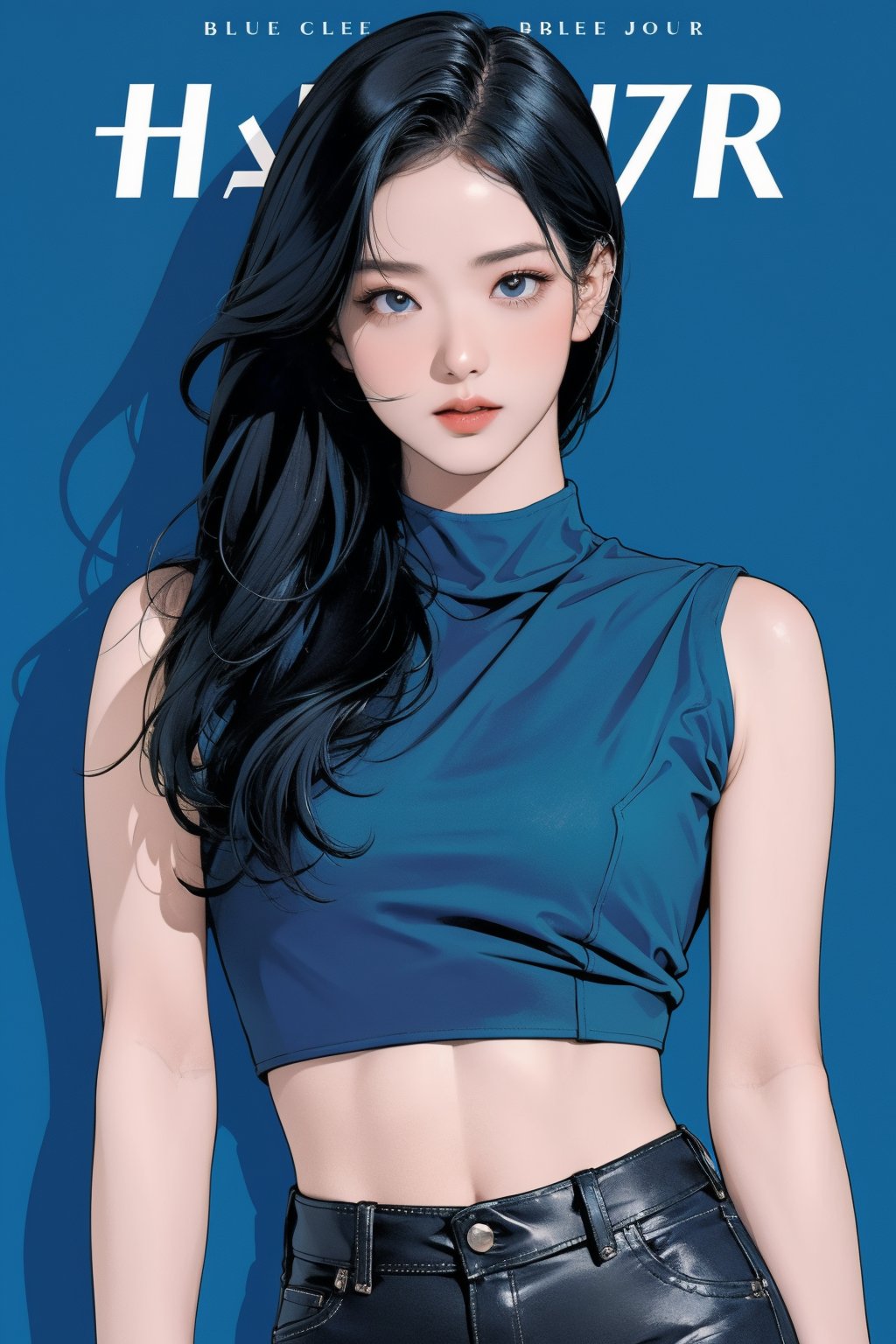 1girl, thigh up, looking at viewer, detailed clothes, turtle neck croptop, sleeveless, accurate color reproduction, best quality, professionally color graded, artwork, blurring effect, professional lighting, sanatw, magazine cover, blue background, jisoo