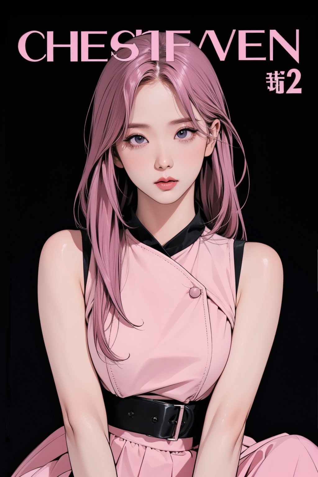 1girl, thigh up body, looking at viewer, pink hair, styled clothes, ultra detail, accurate color reproduction, black background, best quality, professionally color graded, artwork, blurring effect, professional lighting, sanatw, magazine cover,sim,chimai,aespakarina,jisoo