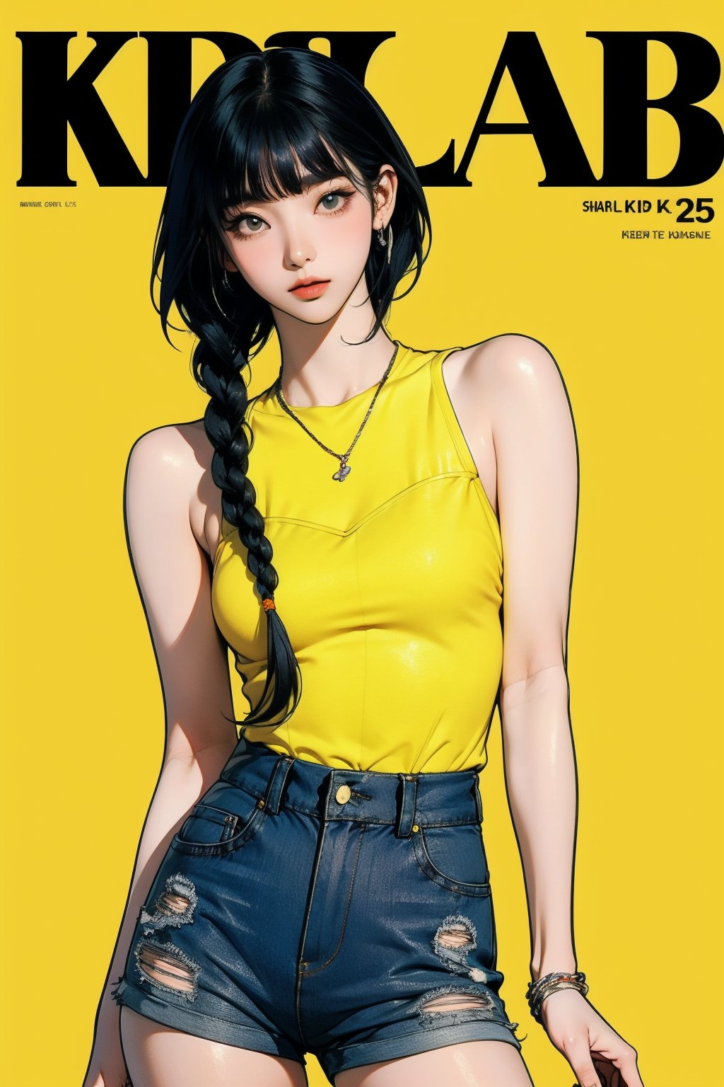 1girl, thigh up body, detailed clothes, kpop idol, short length hair, 2_braided_hair, blunt bangs, looking at viewer, sharp focus, magazine cover, yellow background, ((outline,)) chimai, aespakarina,sanatw