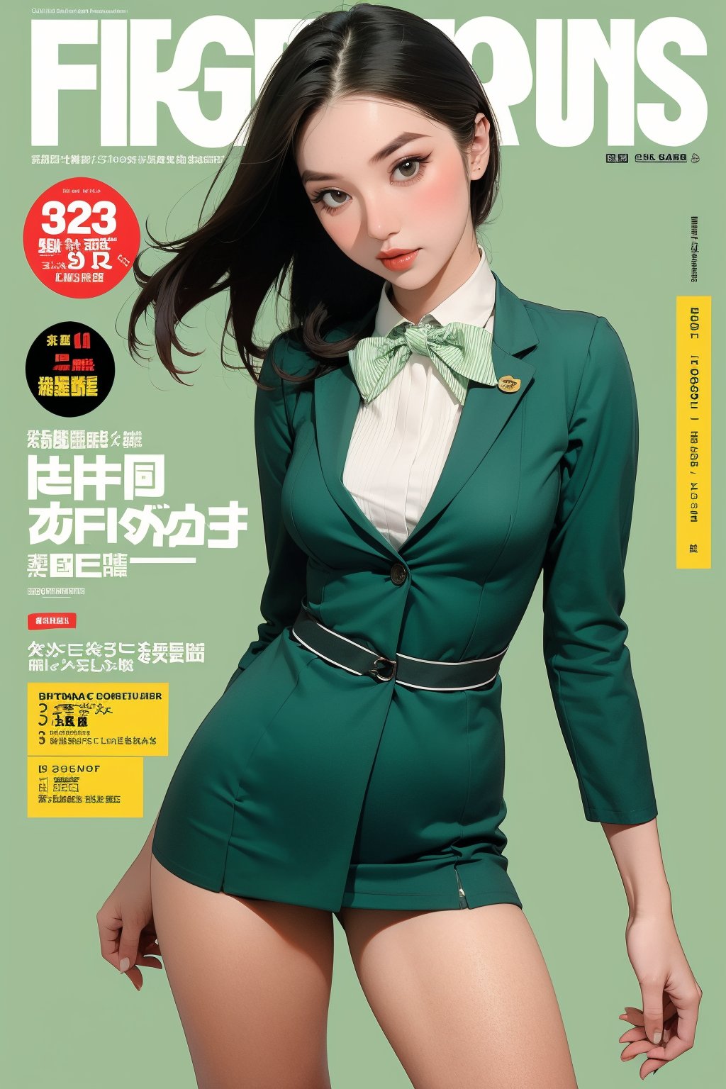 1girl, ((flight attendant outfit,)) thigh up body, detailed clothes, looking at viewer, sharp focus, magazine cover, green background, chimai,