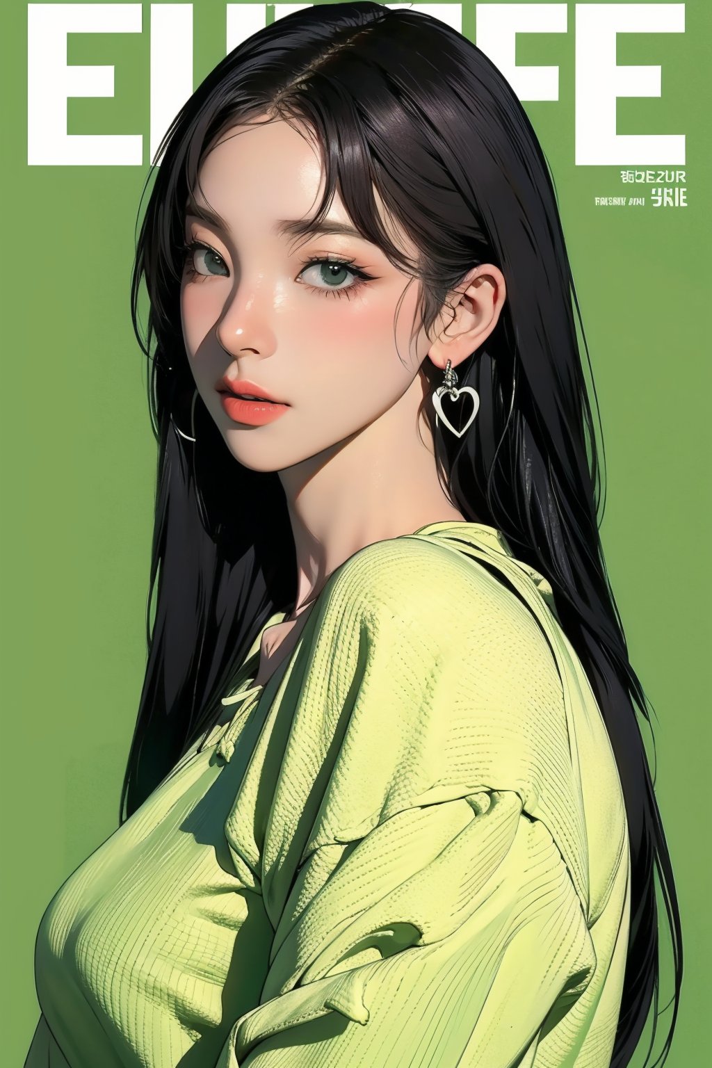 2D, 1girl, detailed clothes, earrings, looking at viewer, magazine cover, green background, aespakarina,