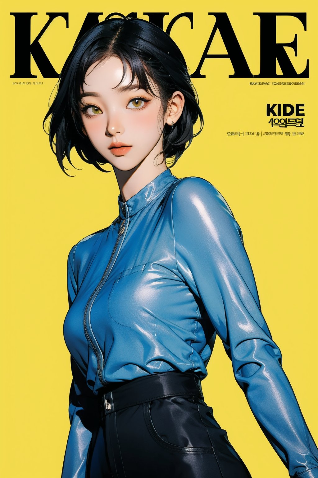 1girl, thigh up body, detailed clothes, kpop idol, short length hair, 2_braided_hair, blunt bangs, looking at viewer, sharp focus, magazine cover, yellow background, ((outline,)) chimai, aespakarina,sanatw