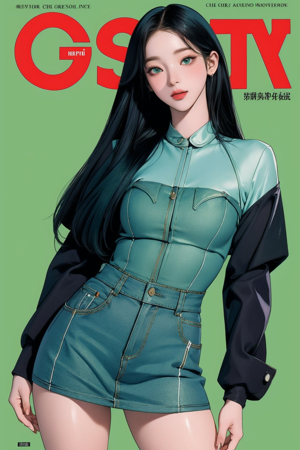 1girl, thigh up, looking at viewer, detailed clothes, accurate color reproduction, best quality, professionally color graded, artwork, blurring effect, professional lighting, sanatw, magazine cover, green background, jisoo,chimai