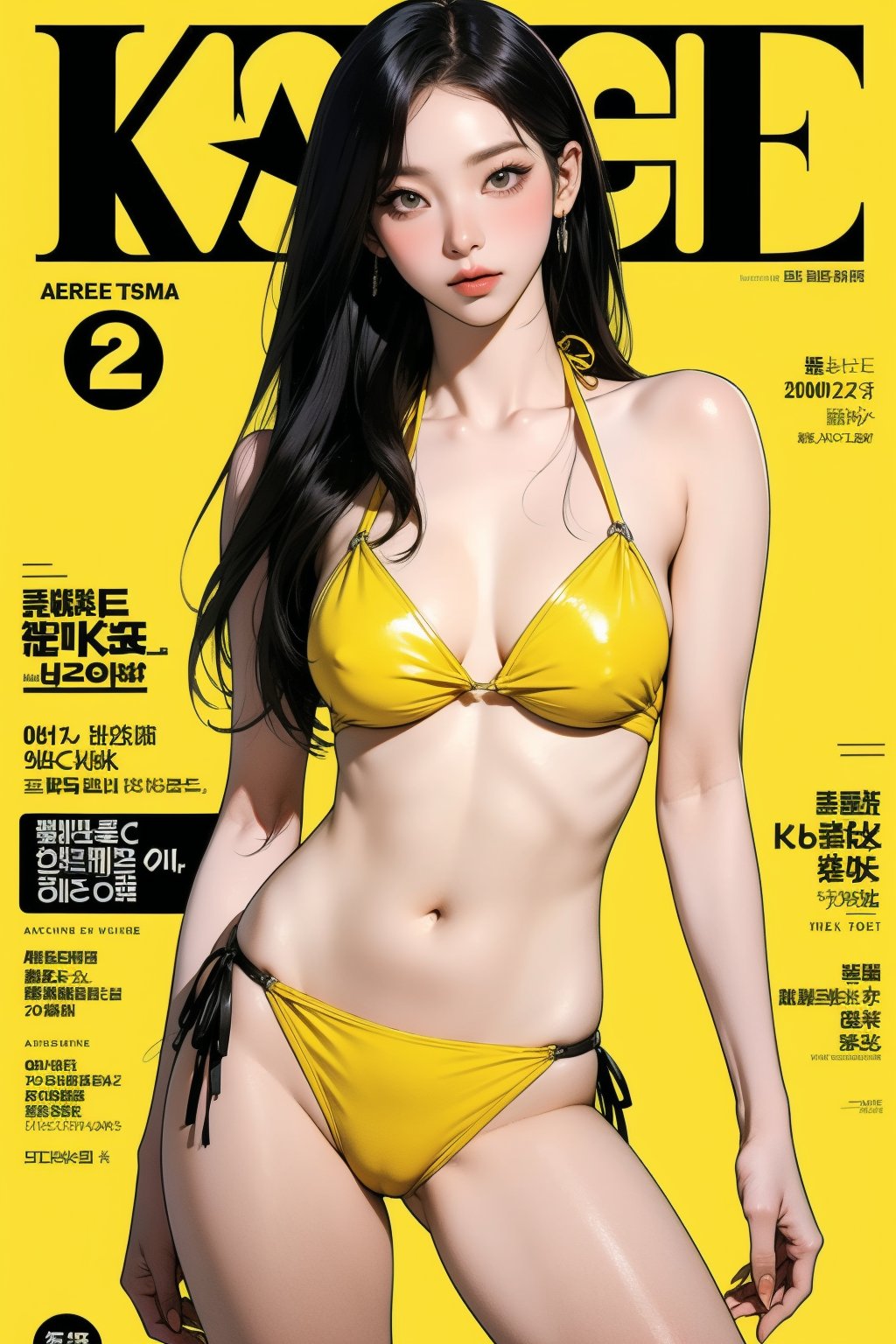 1girl, thigh up body, detailed clothes, bikini model, looking at viewer, sharp focus, magazine cover, yellow background, ((outline,)) chimai, aespakarina