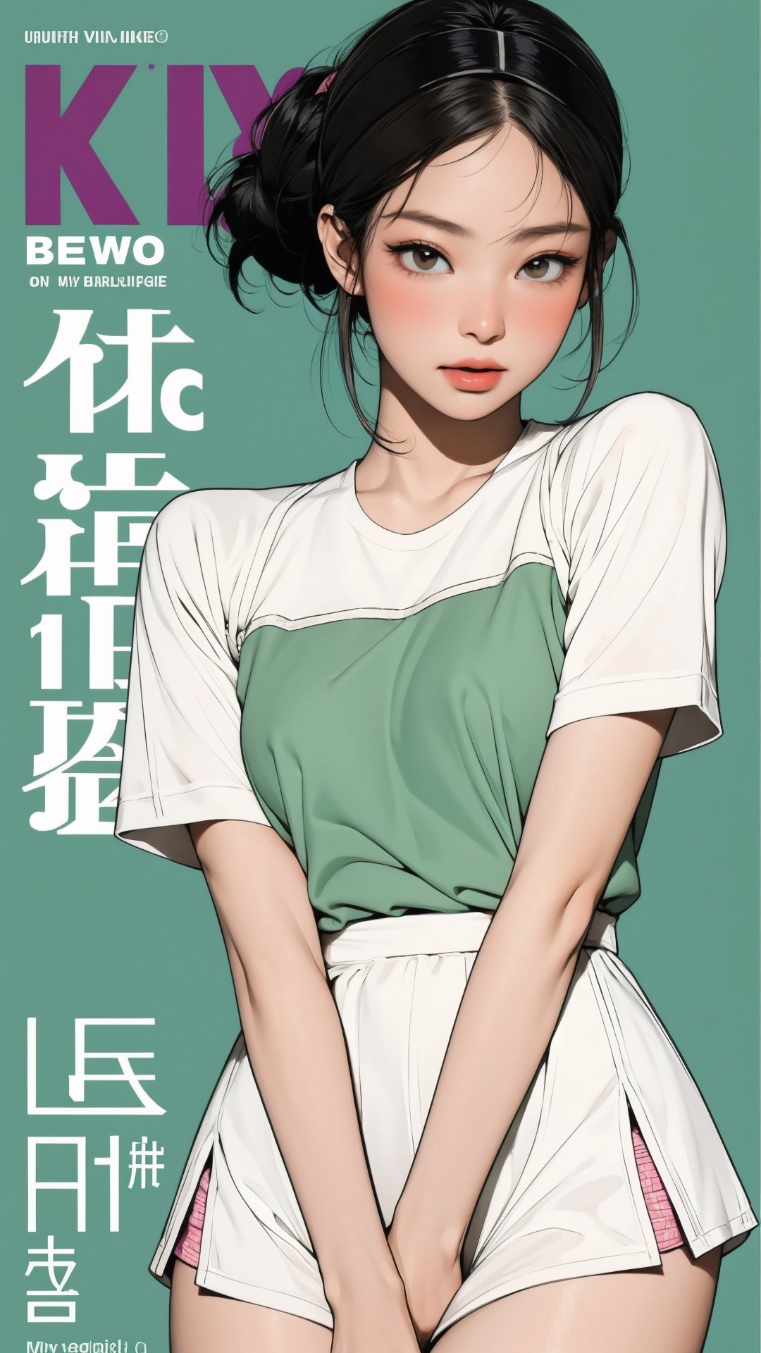 1girl, standing, thigh up body, hairband, ((looking at viewer, tennis girl outfit,)) 2D artstyle, magazine cover, outline, earings, blush, green background, hairstyle, ultra detailed, best quality, sharp focus, kmiu,sim,haohaoulz,aespawinter,huondey,seolhuyn,jennie