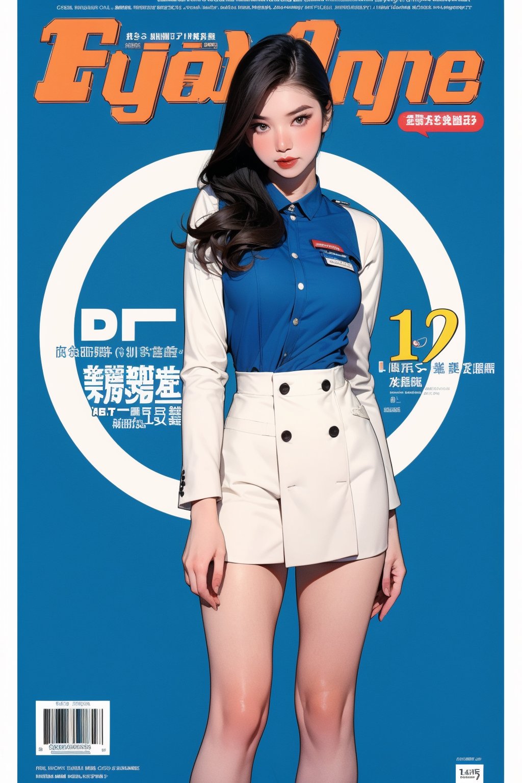 1girl, ((flight attendant,)) thigh up body, styled detailed clothes, looking at viewer, sharp focus, magazine cover, blue background, chimai,