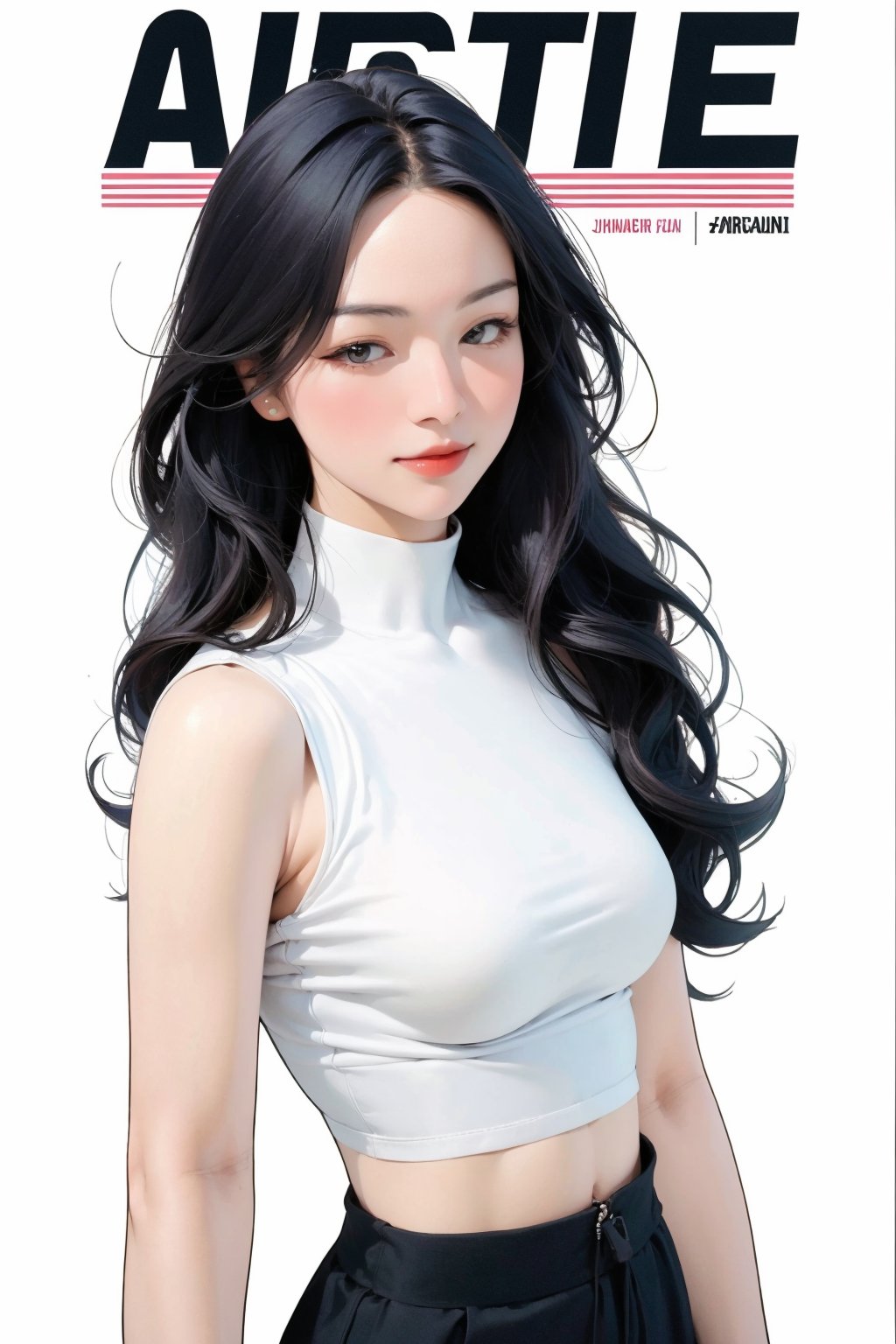 1girl, looking at viewer, styled clothes, turtle neck croptop, sleeveless, hairstyle, sharp focus, magazine cover, coloful background, 2D artstyle, outline, 

chimai,hine,hakil,yuong01,johyun