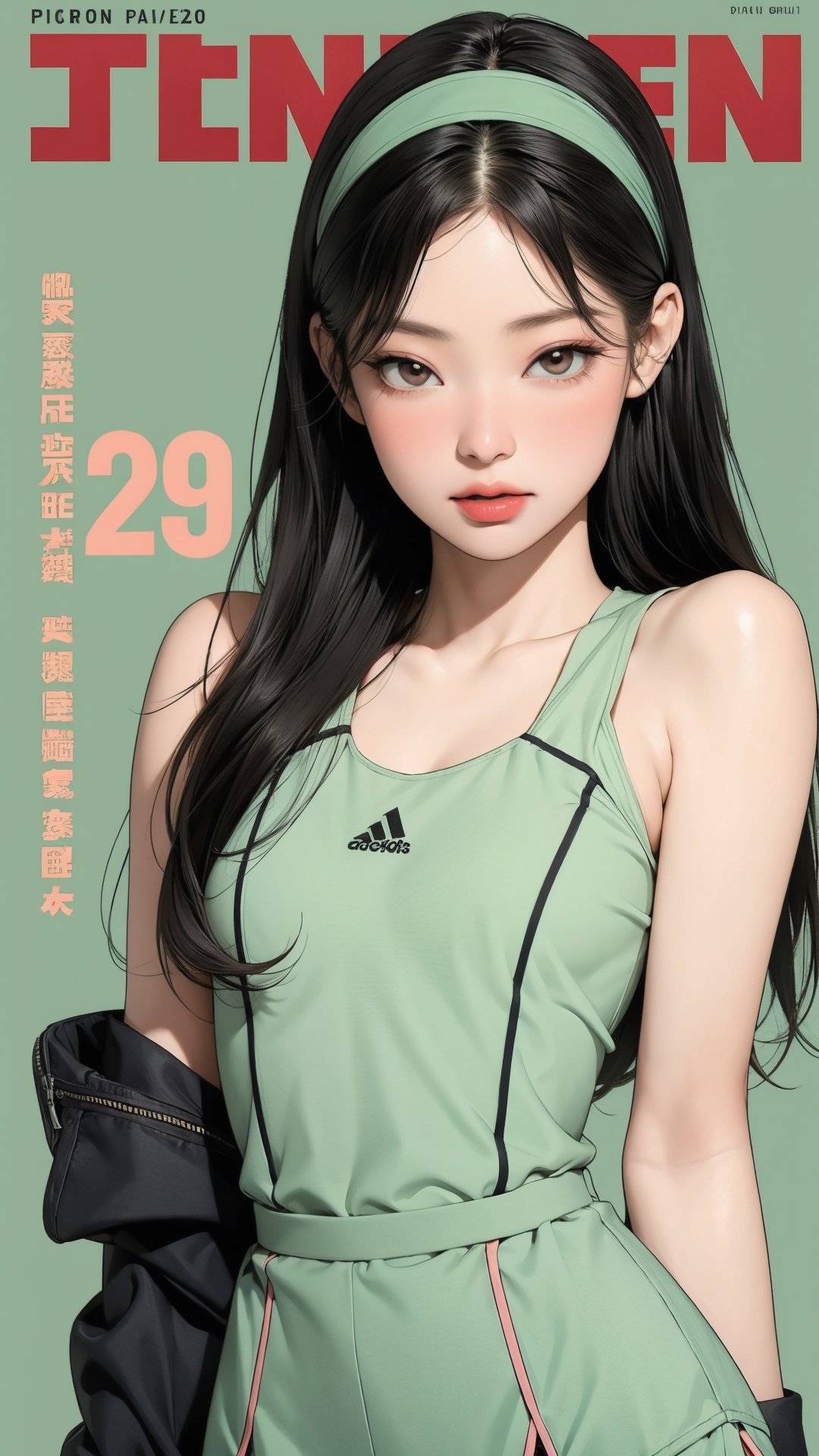 1girl, standing, thigh up body, hairband, ((looking at viewer, tennis girl outfit,)) 2D artstyle, magazine cover, outline, earings, blush, green background, hairstyle, ultra detailed, best quality, sharp focus, kmiu,sim,haohaoulz,aespawinter,huondey,seolhuyn,jennie