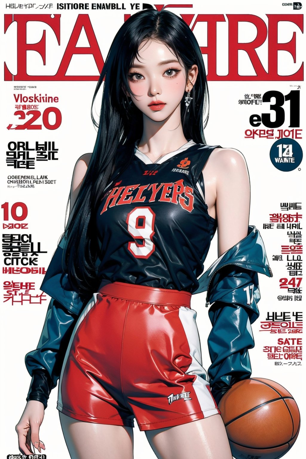 1girl, ((basketball girl outfit,)) thigh up, detailed clothes, earrings, looking at viewer, aespakarina, magazine cover,