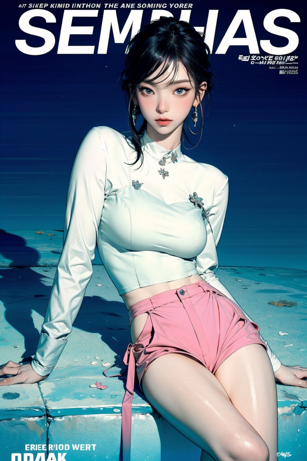 1girl, ((swimming girl outfit,)) thigh up, detailed clothes, earrings, looking at viewer, aespakarina, magazine cover,