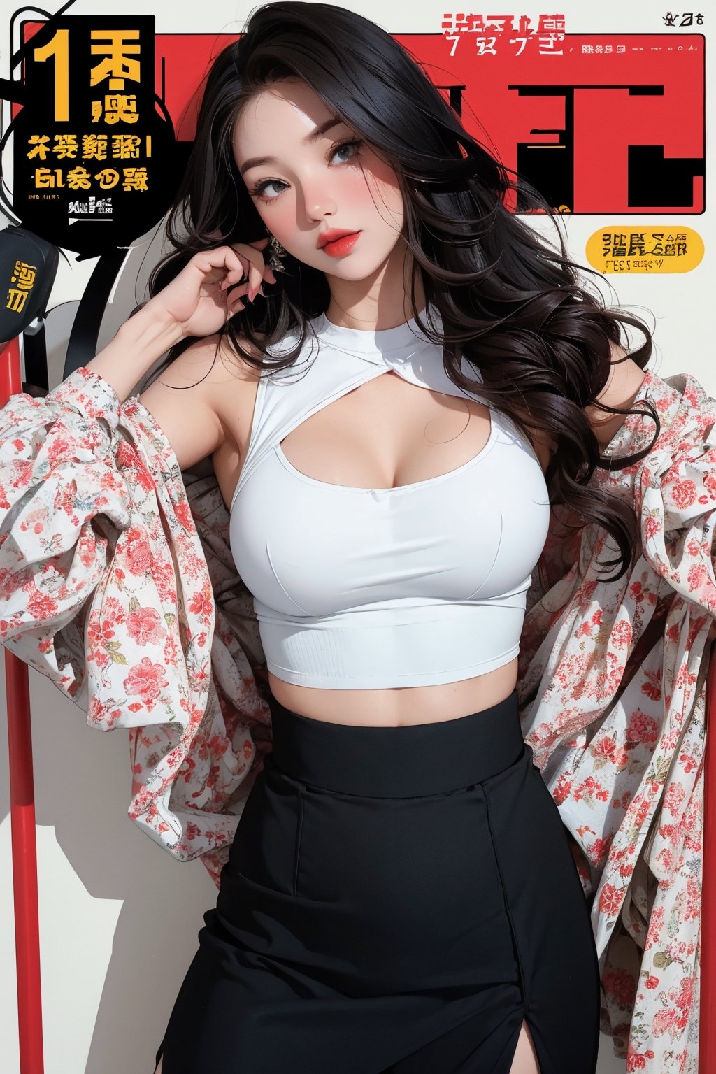 colorful theme, 1girl, singer, idol, looking at viewer, dynamic composition, standing,  styled croptop, skirt, cut out clothes, ultra detailed, best quality, sharp focus, natural lighting, magazine cover, aespakarina,chimai,chimaiv7