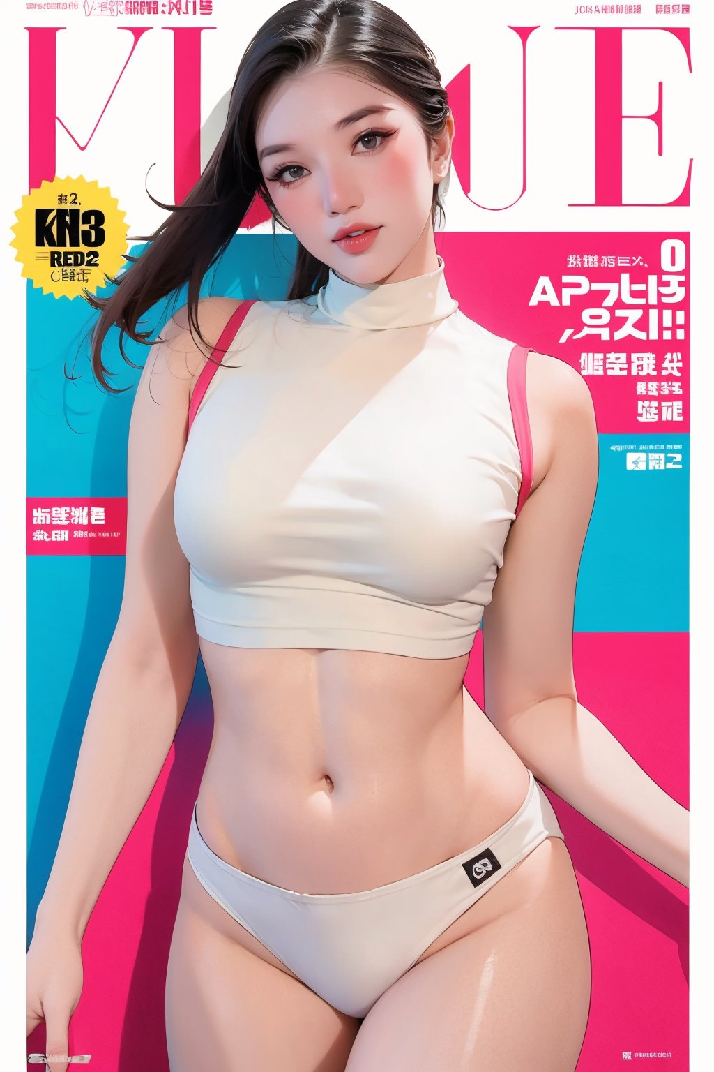 1girl, thigh up body, looking at viewer, styled clothes, turtle neck croptop, sleeveless, hairstyle, sharp focus, magazine cover, coloful background, 2D artstyle, outline, 

chimai,hine,hakil,yuong01,johyun,sim,haohaoulz,kn,htt