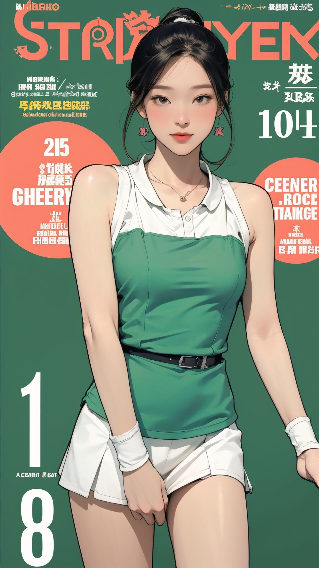 1girl, standing, thigh up body, ((looking at viewer, tennis girl outfit, center opening,)) 2D artstyle, magazine cover, outline, earings, blush, green background, hairstyle, ultra detailed, best quality, sharp focus, ,DiaSondef,sophiesw,Mia ,Anna ,mthanhh