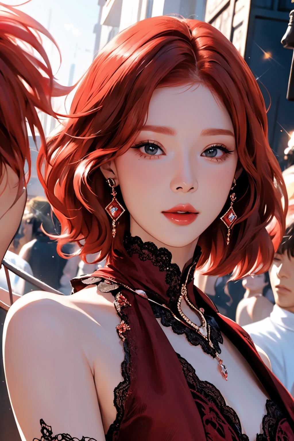 short red hair, 1girl, accessories, piercing, intricate background, fantasy, mythical, misterious, masterpiece, best quality, dynamic angle, cinematic composition, aespawinter,