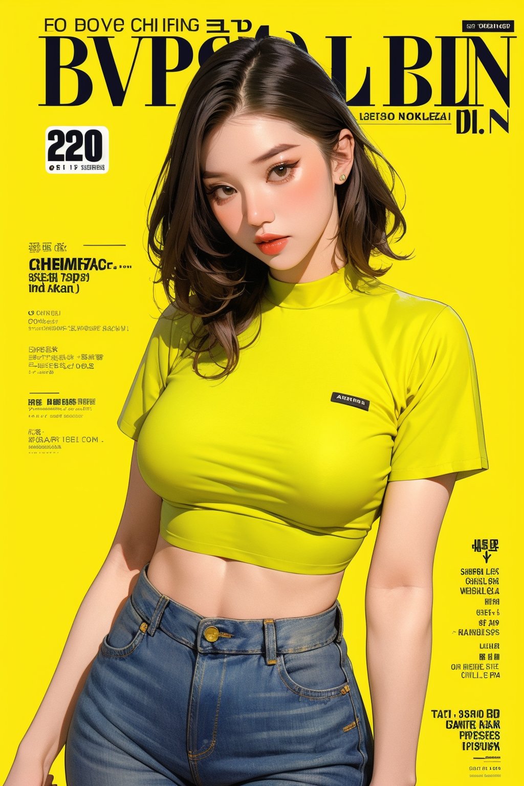 1girl, thigh up body, detailed clothes, kpop idol, hairstyle, croptop, boyfriend_jeans, looking at viewer, sharp focus, magazine cover, yellow background, ((outline,)) chimai, aespakarina,sanatw