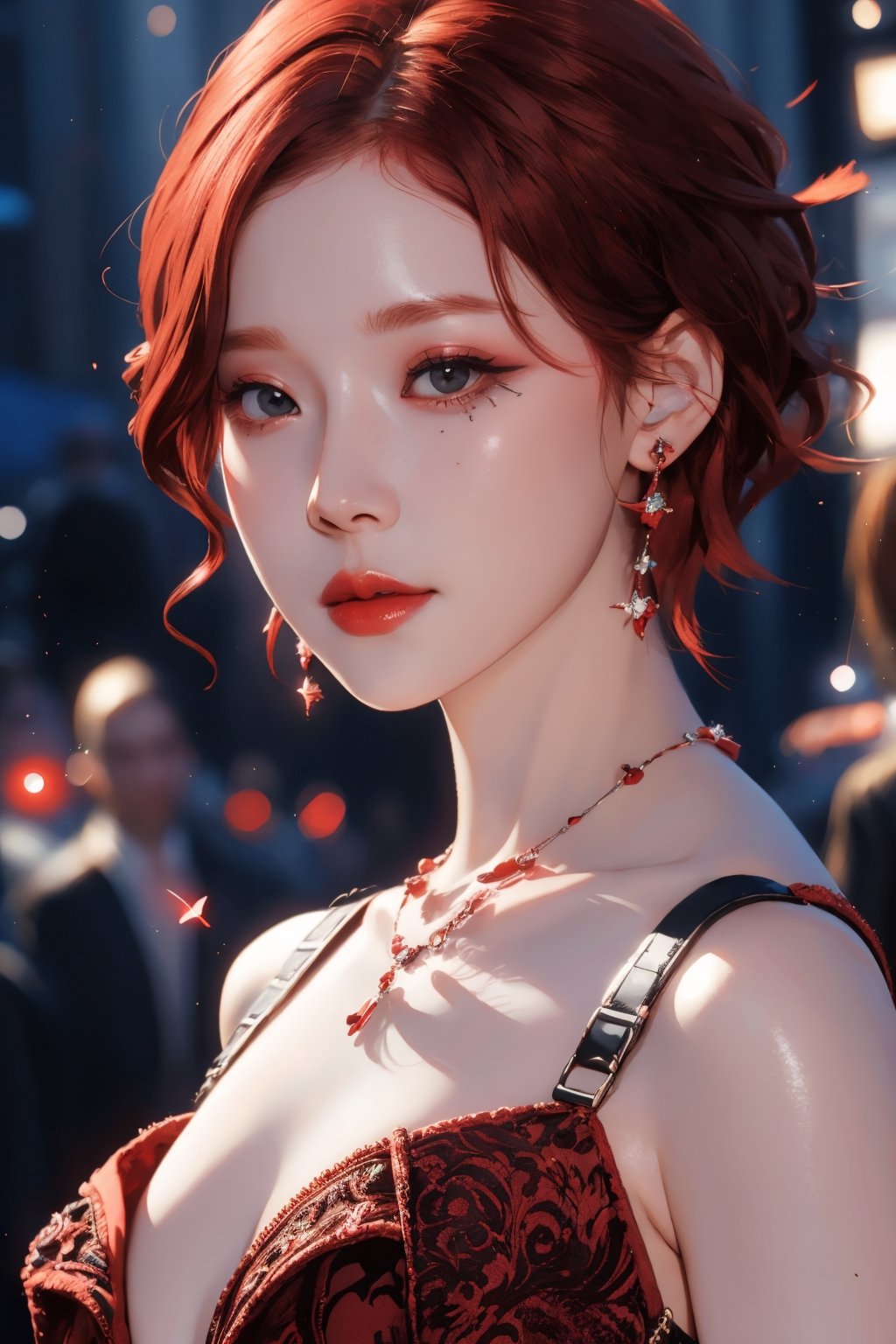 short red hair, 1girl, accessories, piercing, intricate background, fantasy, mythical, misterious, masterpiece, best quality, dynamic angle, cinematic composition, aespawinter,1 girl