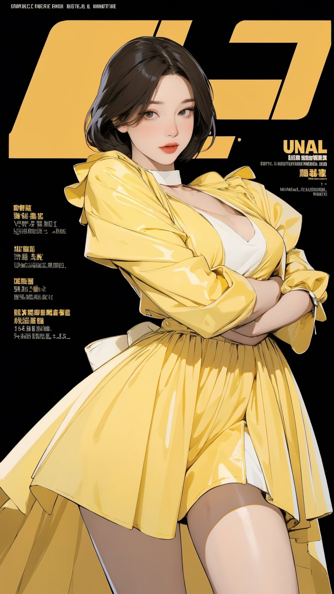 1girl, looking at viewer, thigh up body, sexy and elegant, yellow background, cutout clothing, hairstyle, cinematic composition, styled clothes,  ultra detailed, best quality, sharp focus, magazine cover, outline, 2D artstyle, htt