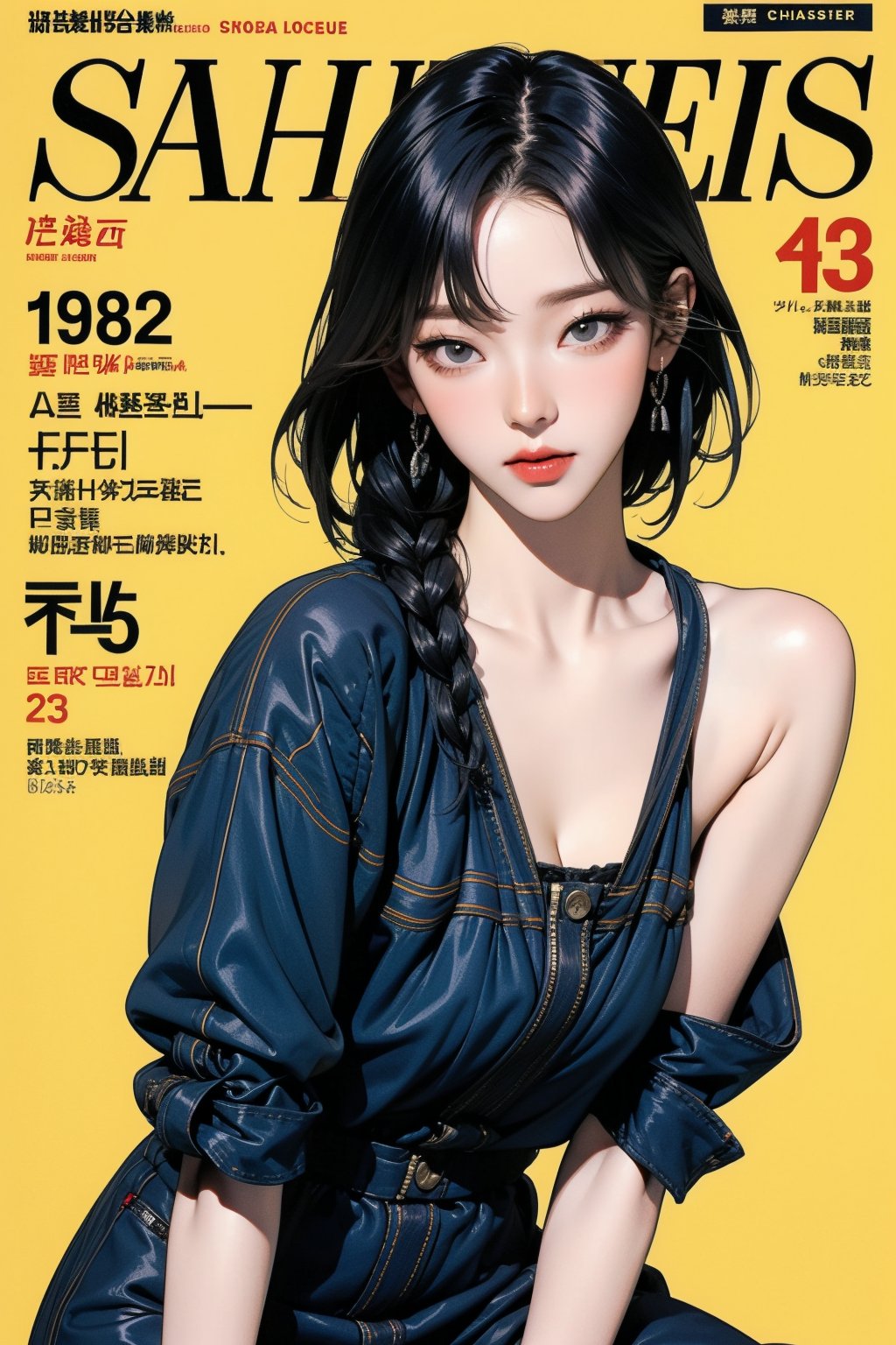 1girl, thigh up body, detailed clothes, kpop idol, short length hair, 2_braided_hair, blunt bangs, looking at viewer, sharp focus, magazine cover, yellow background, ((outline,)) chimai, aespakarina,sanatw