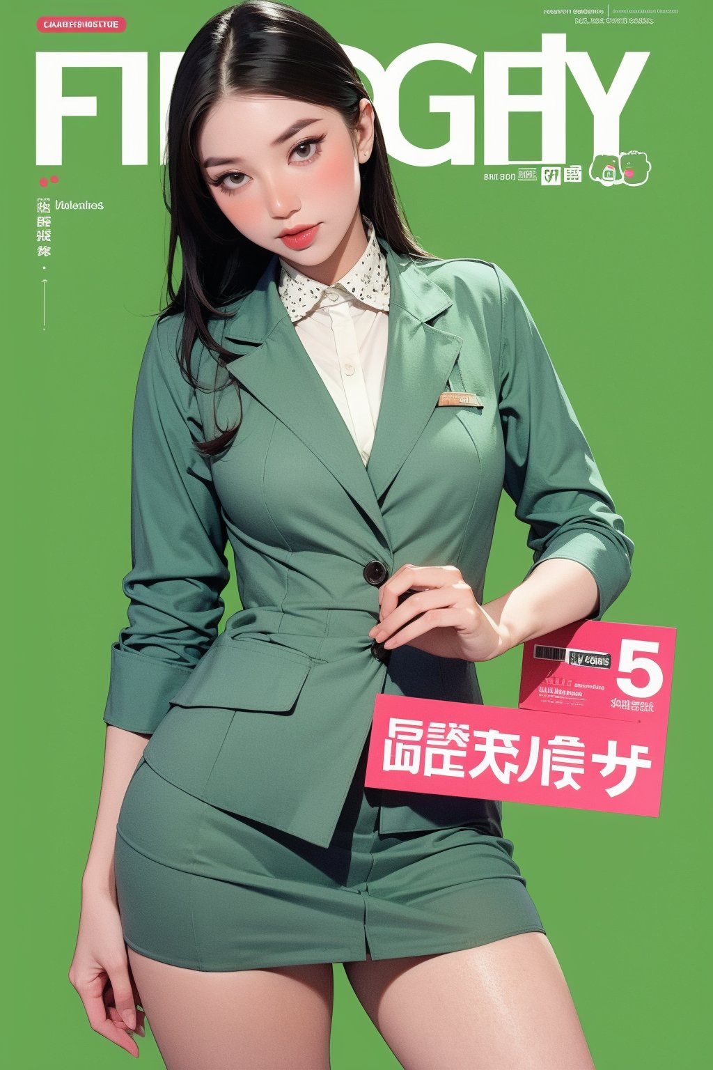 1girl, ((flight attendant outfit,)) thigh up body, detailed clothes, looking at viewer, sharp focus, magazine cover, green background, chimai,