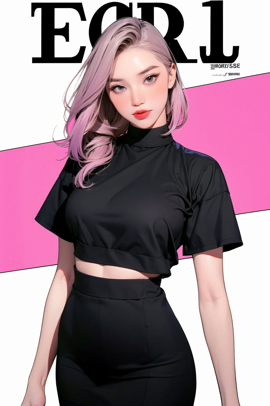 lustful, 1girl, styled clothes, cutout clothes, skirt, hairstyle, looking at viewer, sharp focus, magazine cover, coloful background, ((2D artstyle, outline,)) chimai,