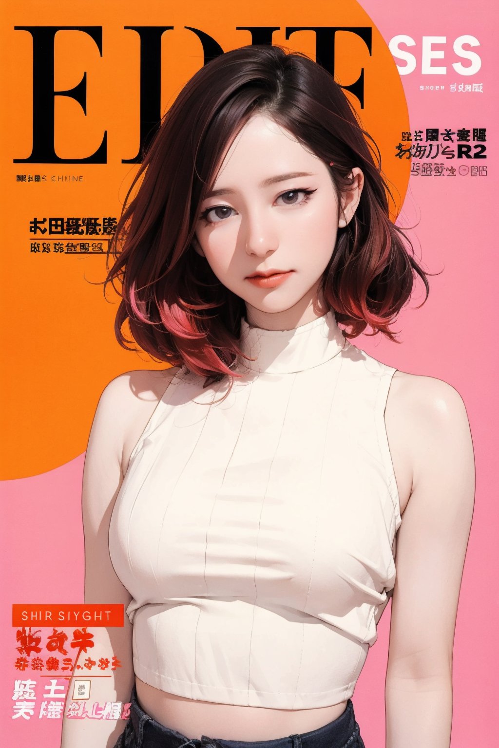 1girl, looking at viewer, styled clothes, turtle neck croptop, sleeveless, hairstyle, sharp focus, magazine cover, coloful background, 2D artstyle, outline, chimai,hine