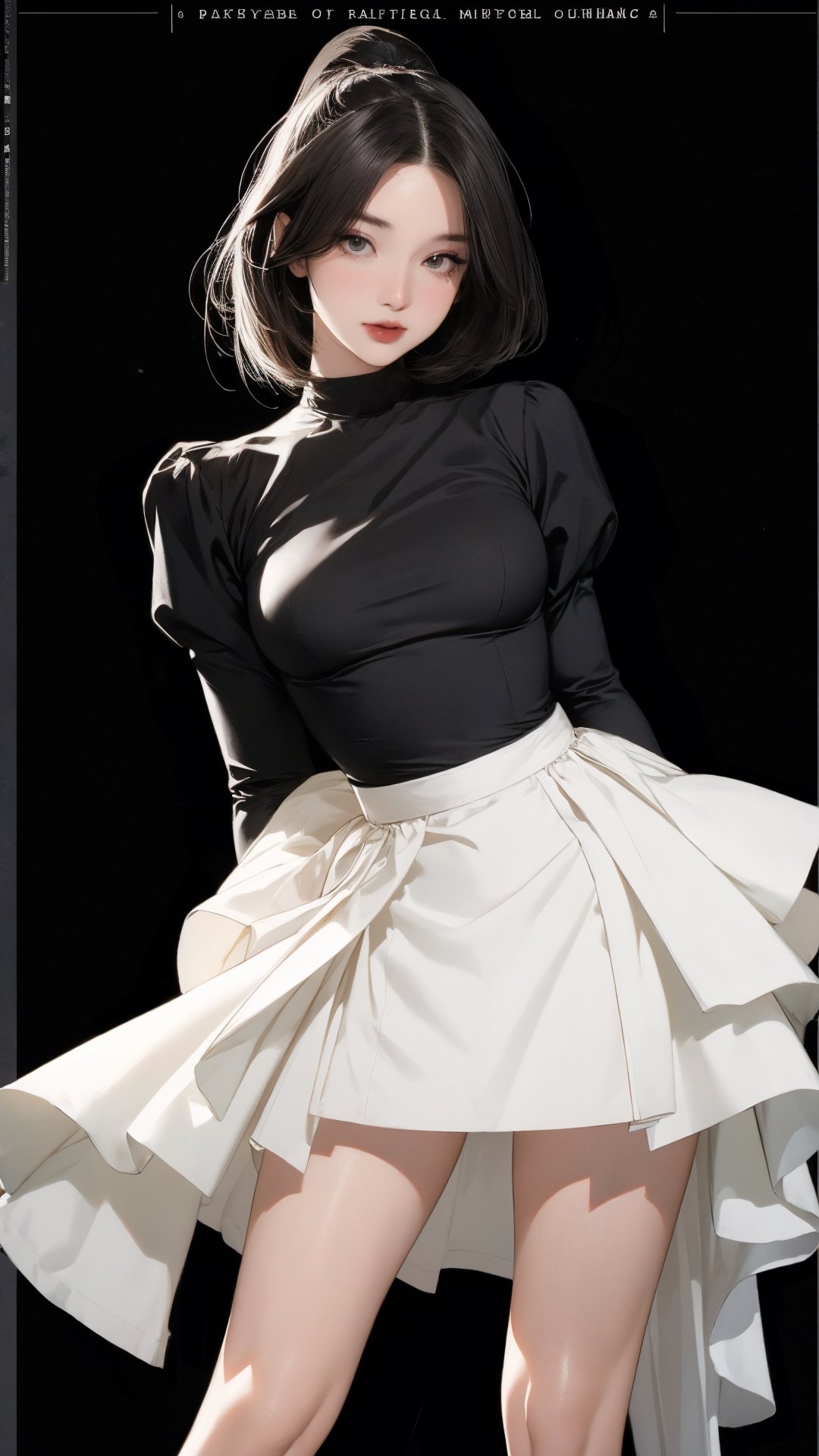 1girl, looking at viewer, thigh up body, sexy and elegant, black background, cutout clothing, hairstyle, cinematic composition, styled clothes,  ultra detailed, best quality, sharp focus, magazine cover, outline, 2D artstyle, htt