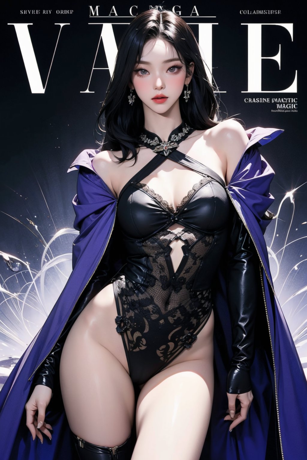 ((mysterious powerful sorceress, casting magic,)) thigh up body, standing, 1girl, looking at viewer, intricate clothes, professional lighting, different hairstyle, coloful outfit, magazine cover,  aespakarina, 