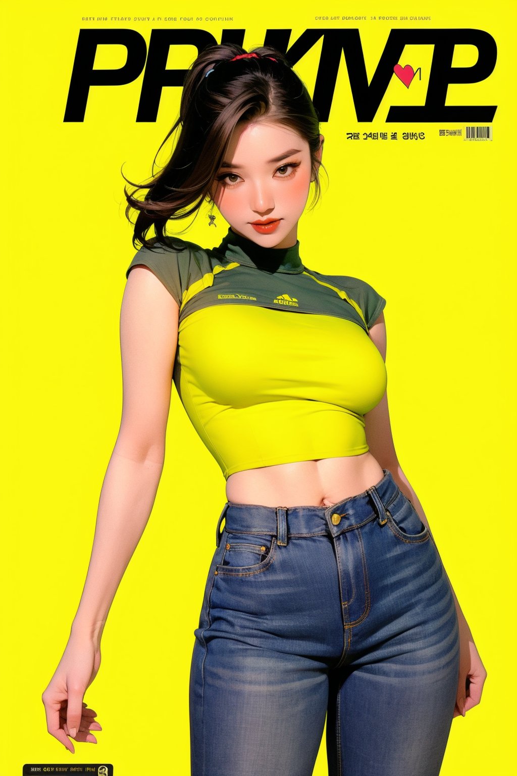 1girl, thigh up body, detailed clothes, kpop idol, hairstyle, croptop, boyfriend_jeans, looking at viewer, sharp focus, magazine cover, yellow background, ((outline,)) chimai, aespakarina,sanatw