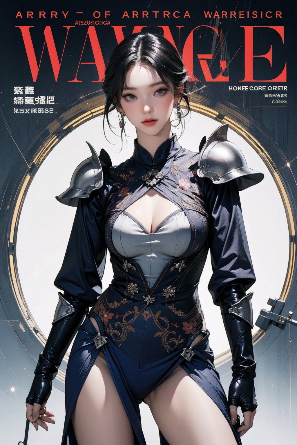 ((arc warior, )) thigh up body, standing, 1girl, looking at viewer, intricate clothes, professional lighting, different hairstyle, coloful outfit, magazine cover, fantasy, ancient, armor, aespakarina, 