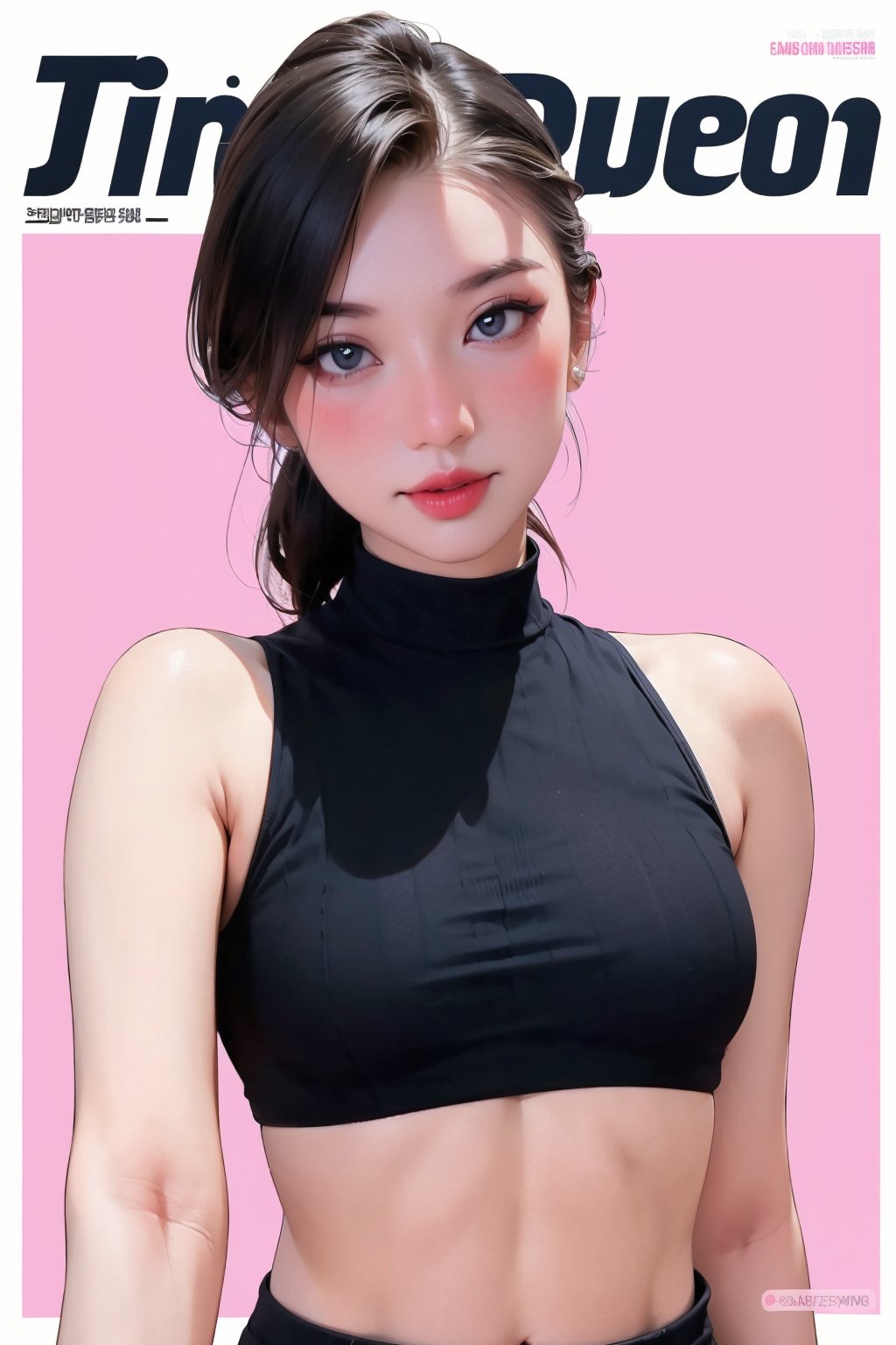 1girl, looking at viewer, styled clothes, turtle neck croptop, sleeveless, hairstyle, sharp focus, magazine cover, coloful background, 2D artstyle, outline, 

chimai,hine,hakil,yuong01,johyun,sim,haohaoulz,kn,htt