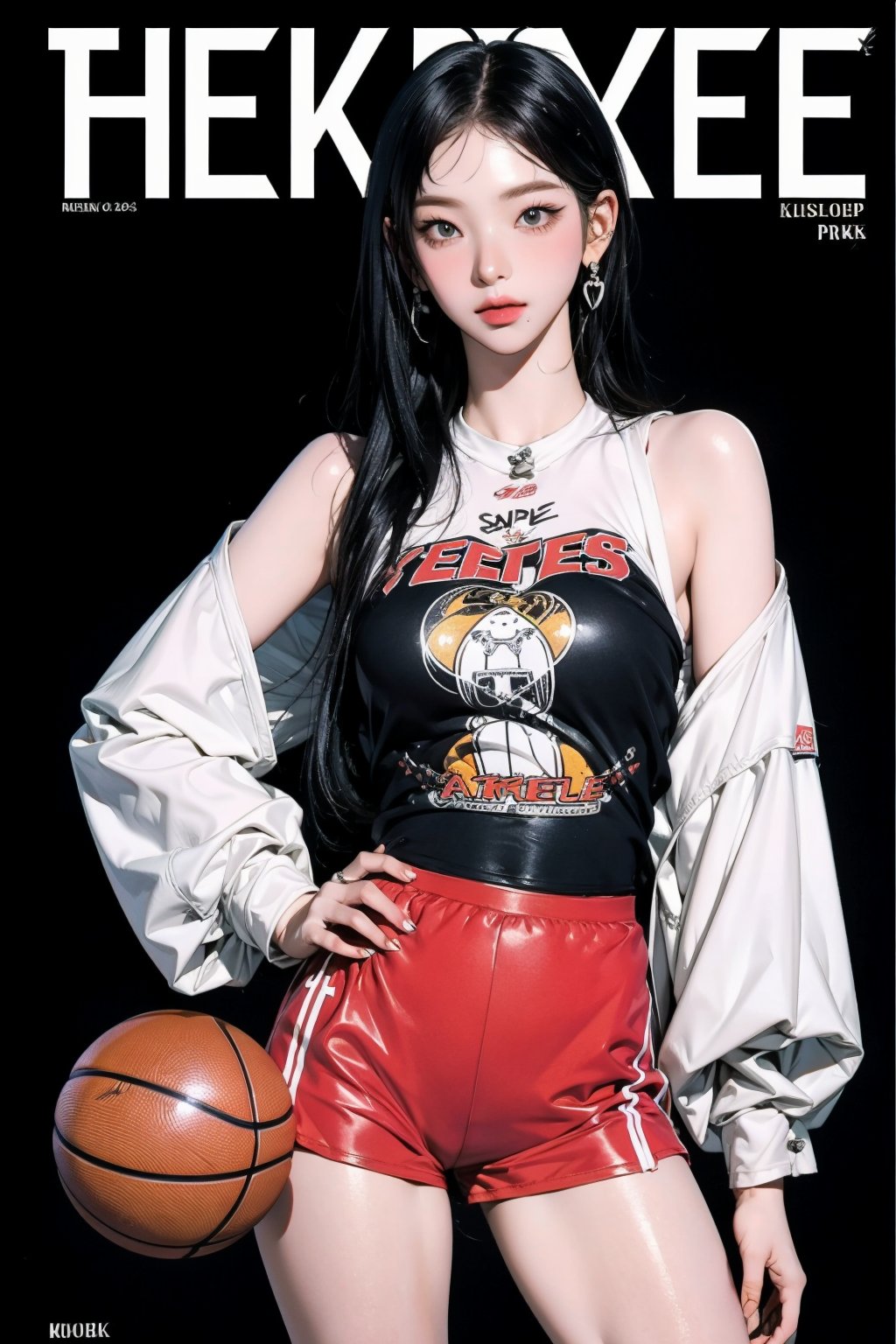 1girl, ((basketball girl outfit,)) thigh up, detailed clothes, earrings, looking at viewer, aespakarina, magazine cover,