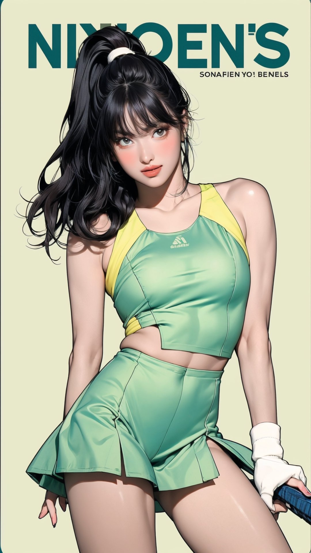 1girl, standing, thigh up body, ((looking at viewer, tennis girl outfit, center opening,)) 2D artstyle, magazine cover, outline, earings, blush, green background, hairstyle, ultra detailed, best quality, sharp focus, ,DiaSondef,sophiesw,Mia ,Anna ,mthanhh,minatw,momo