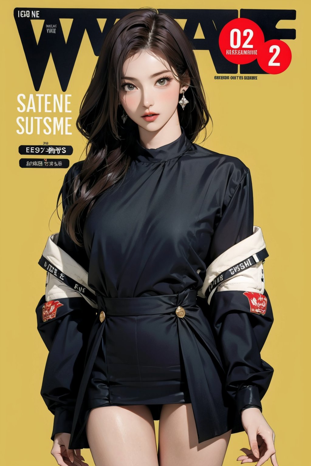 styled outfit, 1girl, thigh up body, looking at viewer, detailed clothes, earrings, sanatw, magazine cover, green background, 2D artstyle,