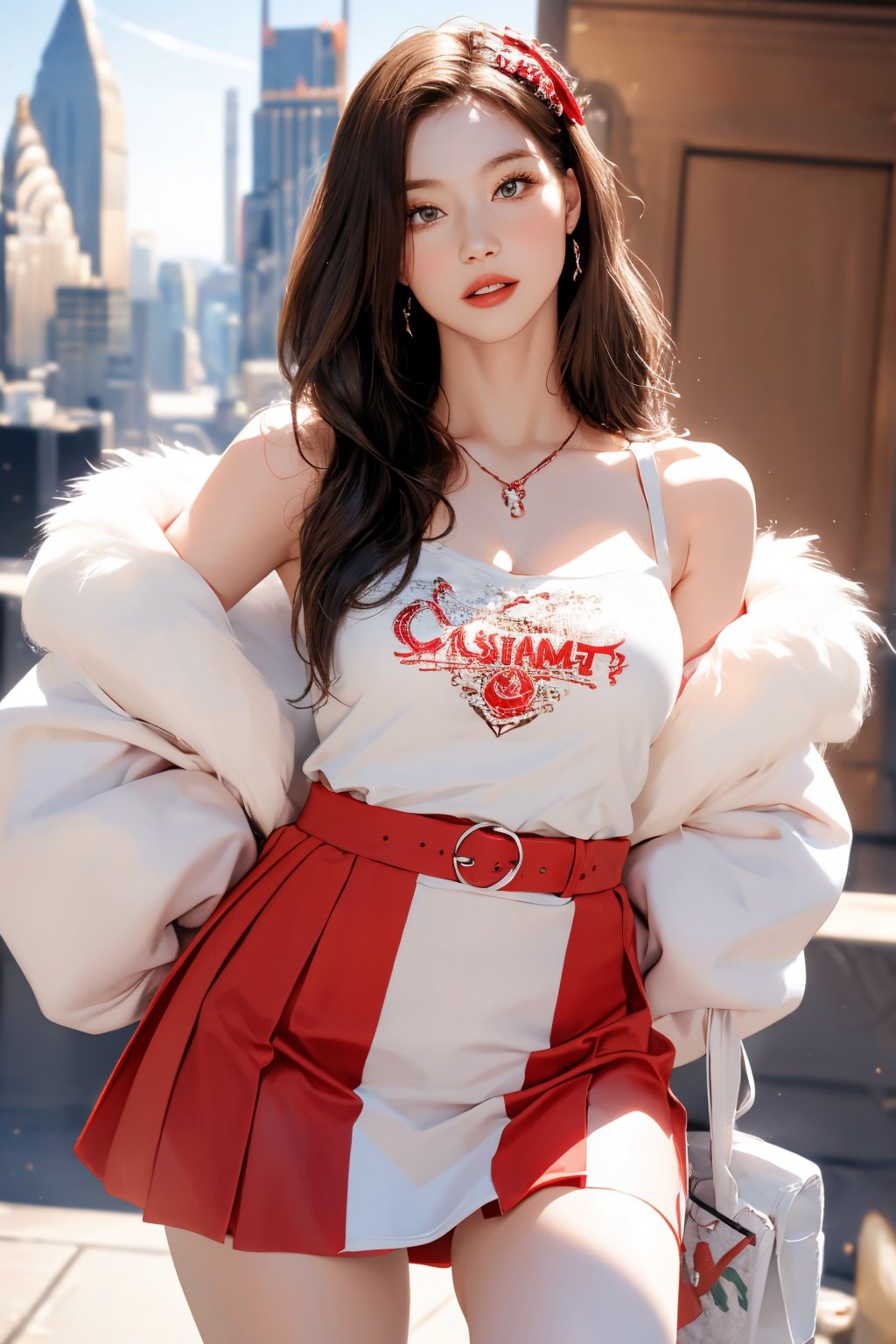 1girl, masterpiece, high detailed, realistic, digital art, beautiful girl, christmas, christmas girl costume, thighs up body, cropped clothes, skirt, red and white theme, aespakarina, aespakarina, 1girl, detailed beautiful face, detailed beautiful eyes, sharp focus, hair band, ,sanatw,1 girl