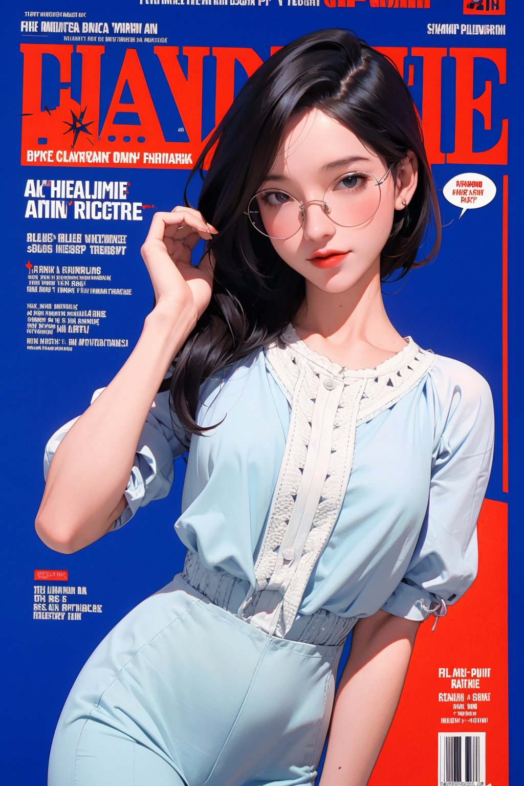 allure, lustful, 1girl, thigh up body, looking at viewer, translucent, intricate clothes, cutout clothes, ((blue white clothes)), cinematic lighting, hairstyle, magazine cover, red background, hakil, eyeglasses,