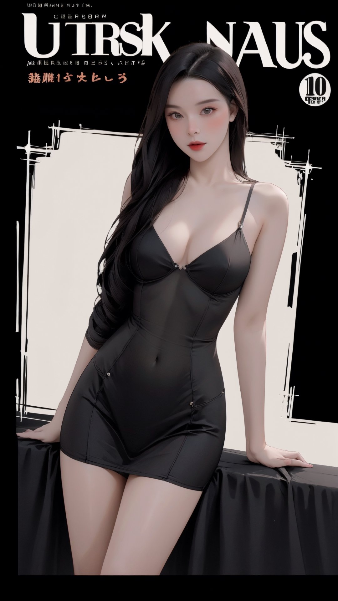 1girl, looking at viewer, thigh up body, sexy and elegant, black background, cutout clothing, hairstyle, cinematic composition, styled clothes,  ultra detailed, best quality, sharp focus, magazine cover, outline, 2D artstyle, htt,haohaoulz