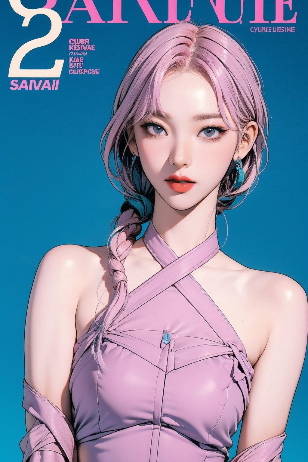 allure, 1girl, thigh up body, detailed clothes, cutout, kpop idol outfit, styled, pink purple hair, red lips, looking at viewer, sharp focus, magazine cover, cyan blue background, ((outline,)) chimai, aespakarina,sanatw