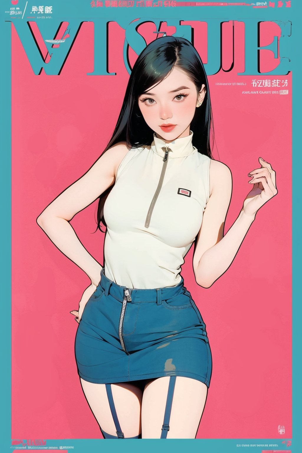 1girl, standing, looking at viewer, styled clothes, turtle neck shirt, sleeveless, zipped mini skirt, ((stocking,)) hairstyle, sharp focus, magazine cover, coloful background, 2D artstyle, outline, chimai,