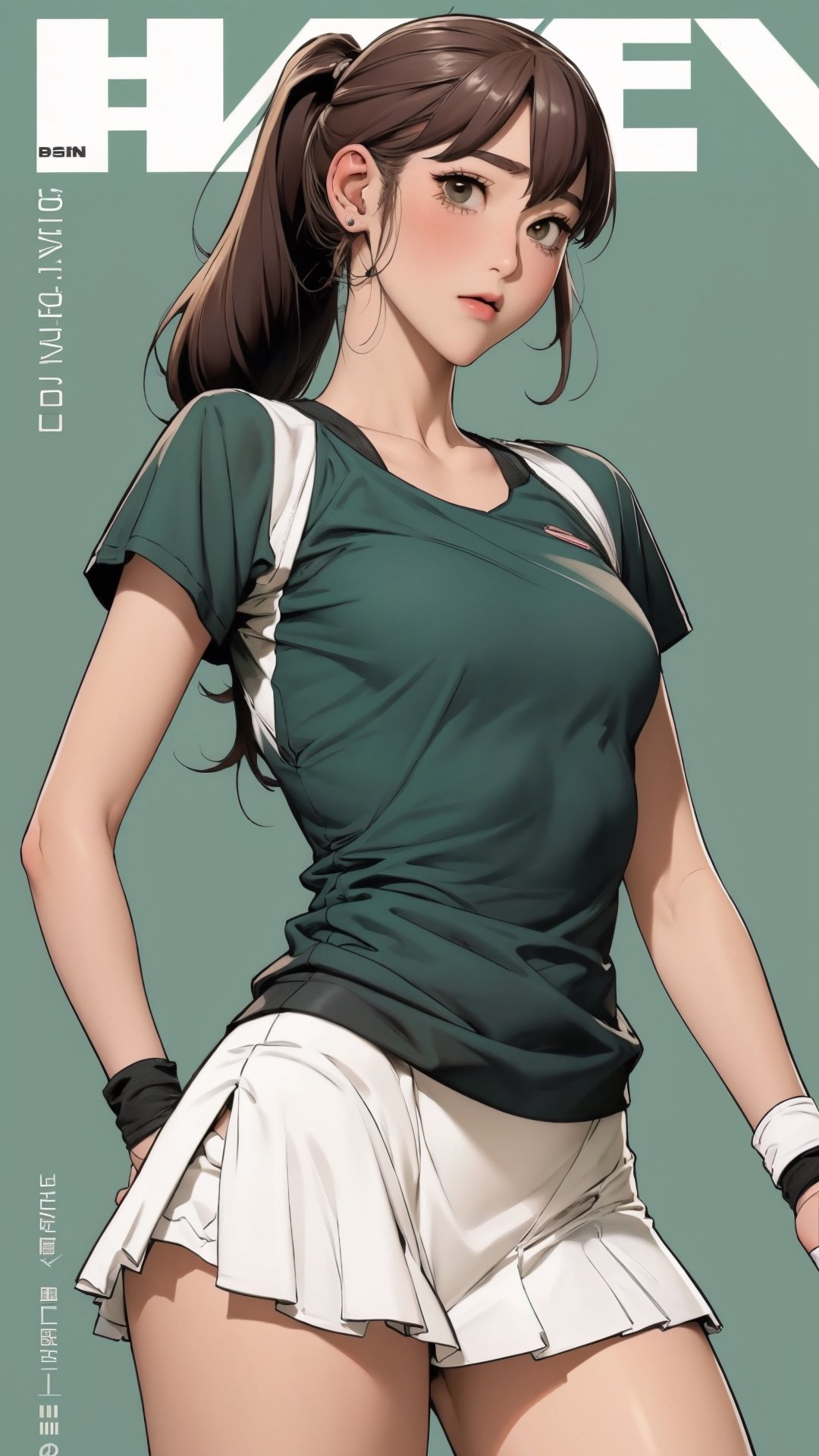 1girl, standing, thigh up body, ((looking at viewer, tennis girl outfit, center opening,)) 2D artstyle, magazine cover, outline, earings, blush, green background, hairstyle, ultra detailed, best quality, sharp focus, ,DiaSondef,sophiesw,Mia 
